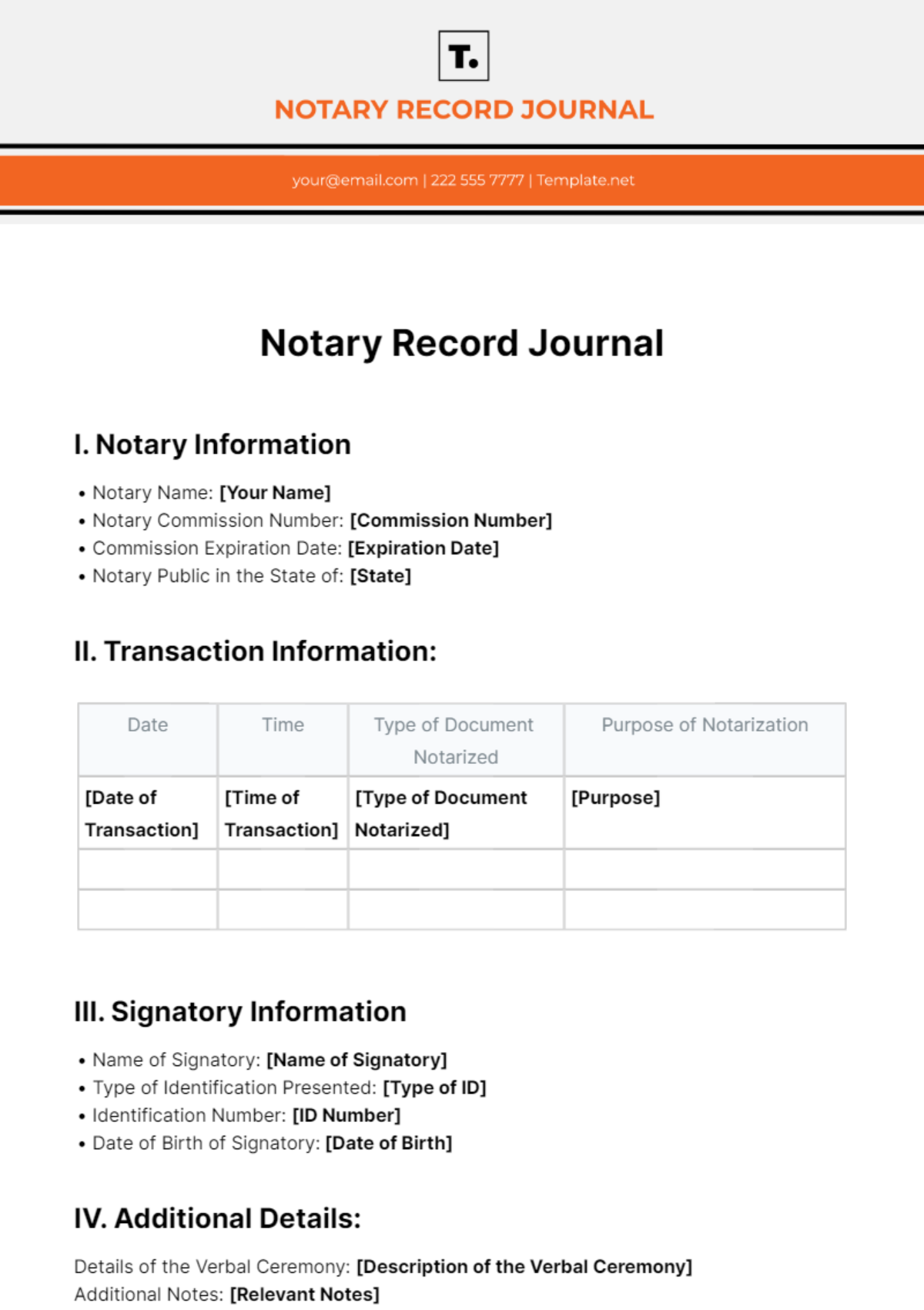 Notary Record Journal Template