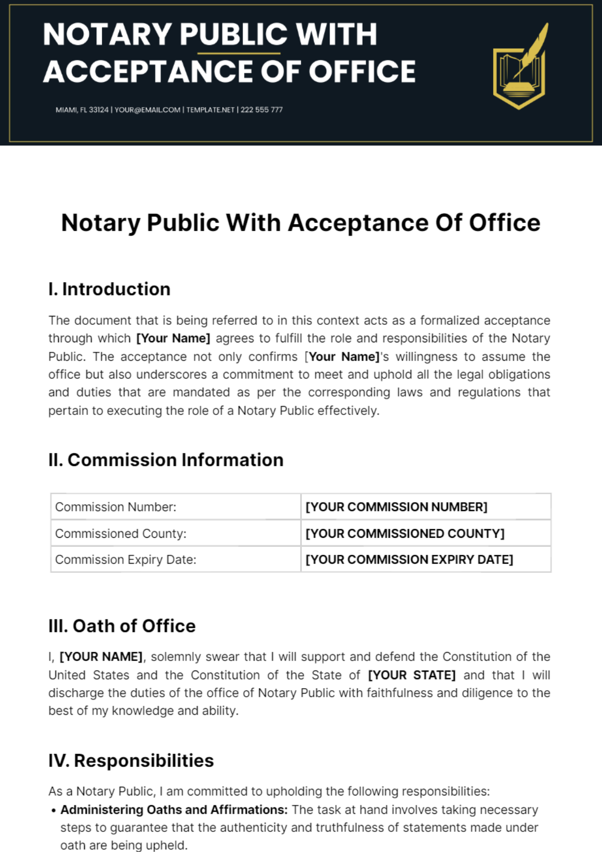 Notary Public With Acceptance Of Office Template