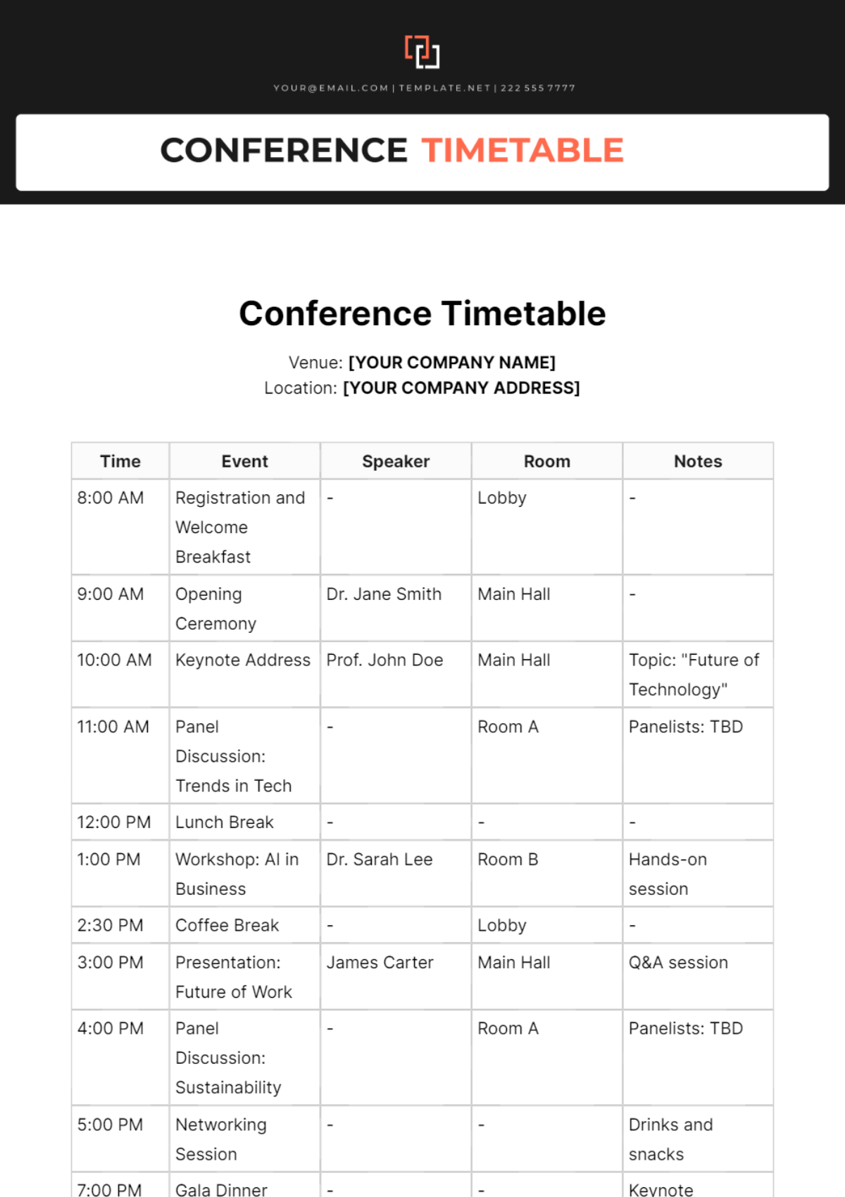 Free Conference Timetable Template