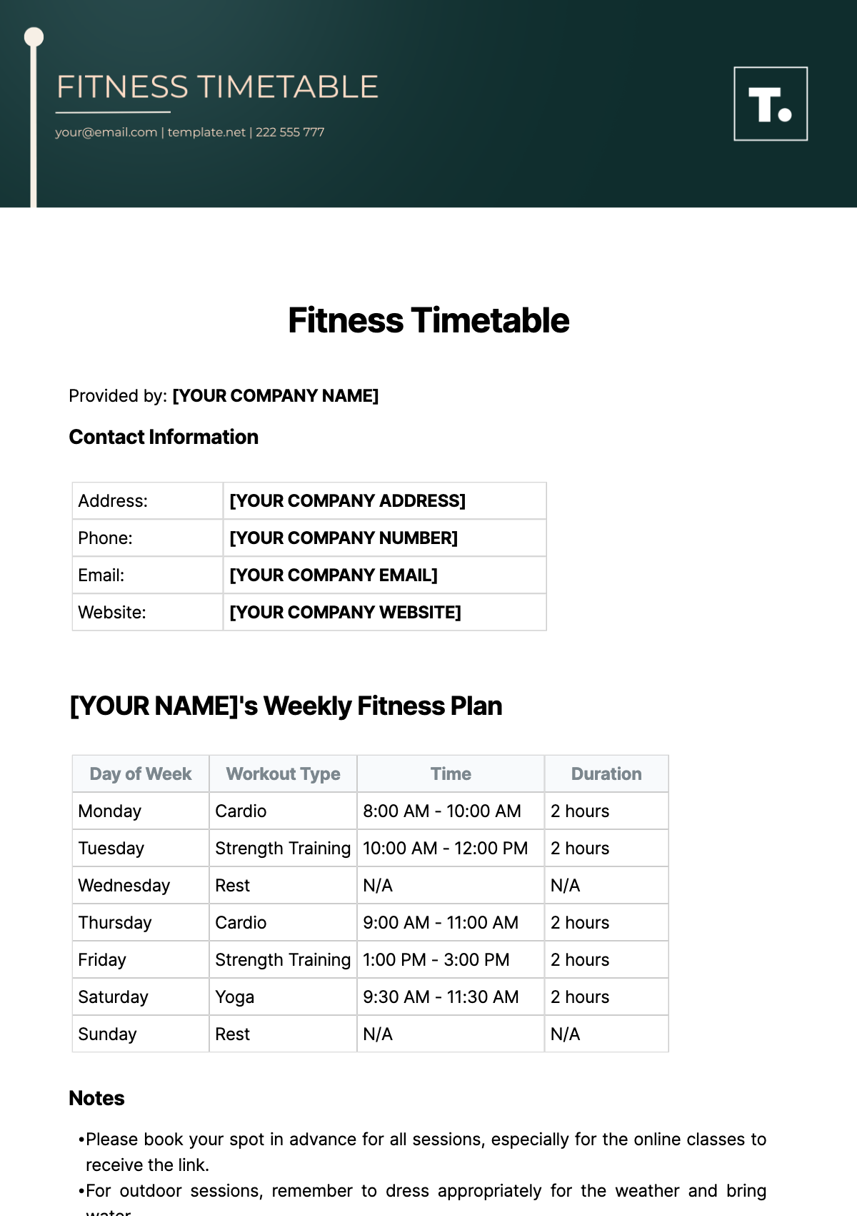 Free Fitness Timetable Template