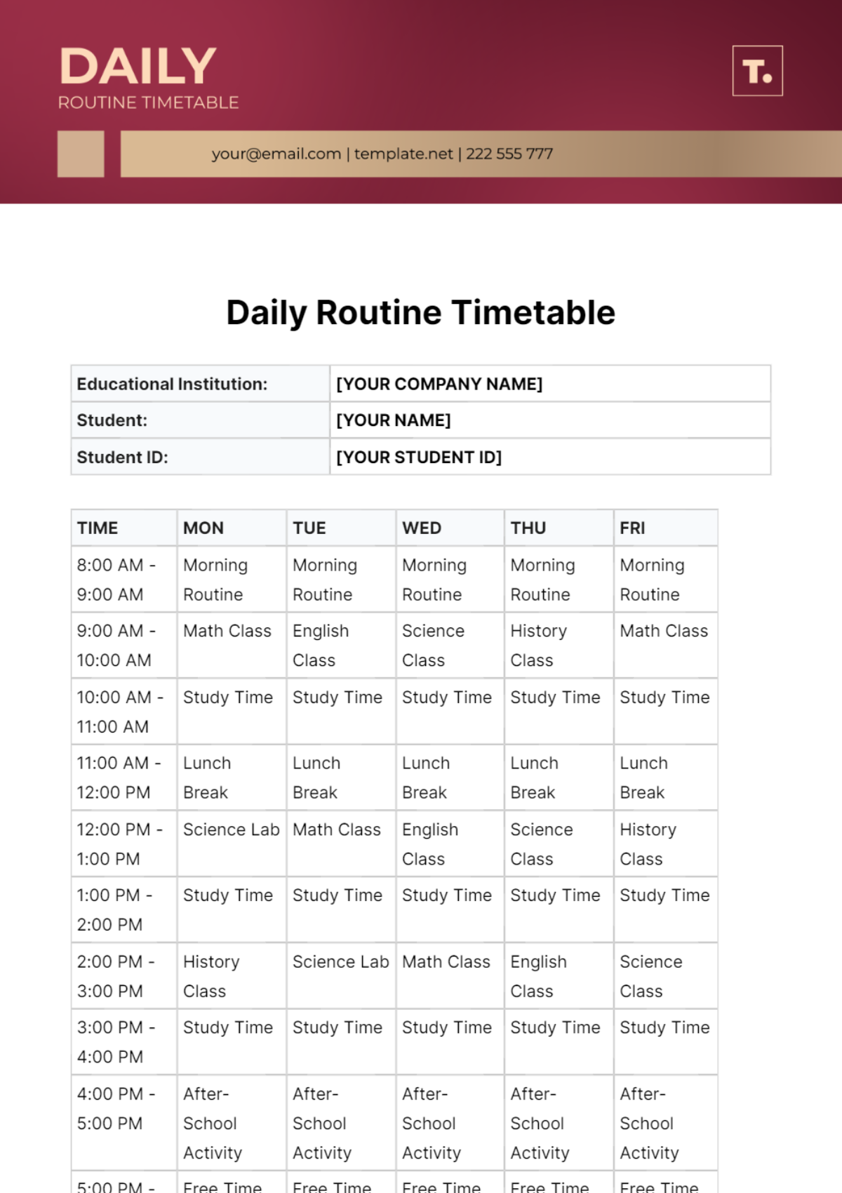 Daily Routine Timetable Template