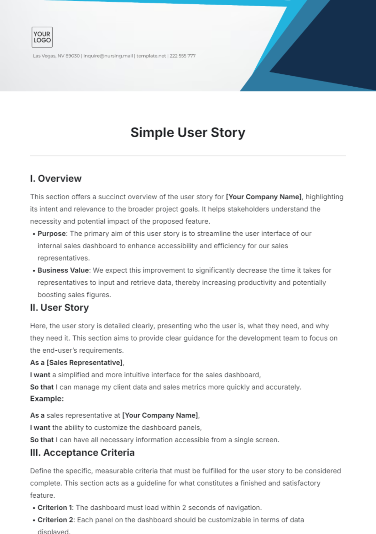 Simple User Story Template - Edit Online & Download