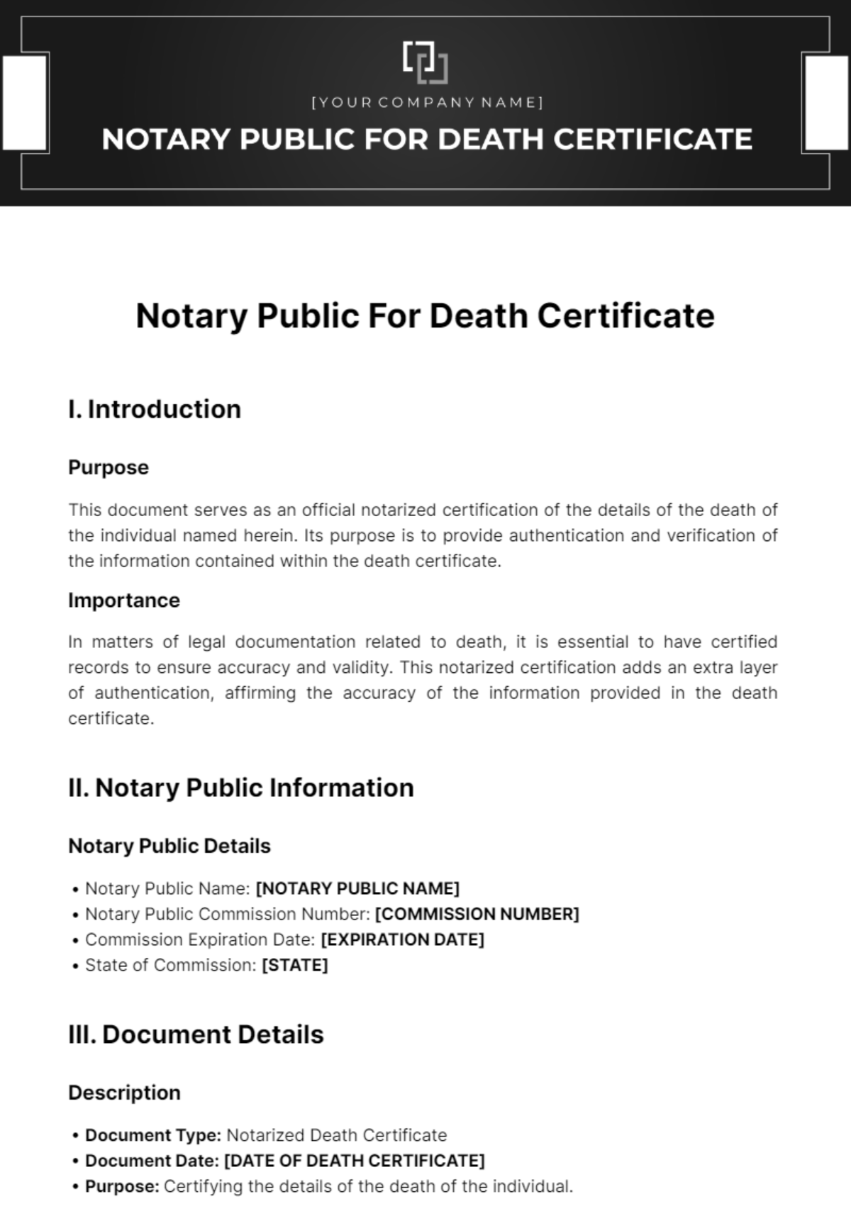 Free Notary Public For Death Certificate Template