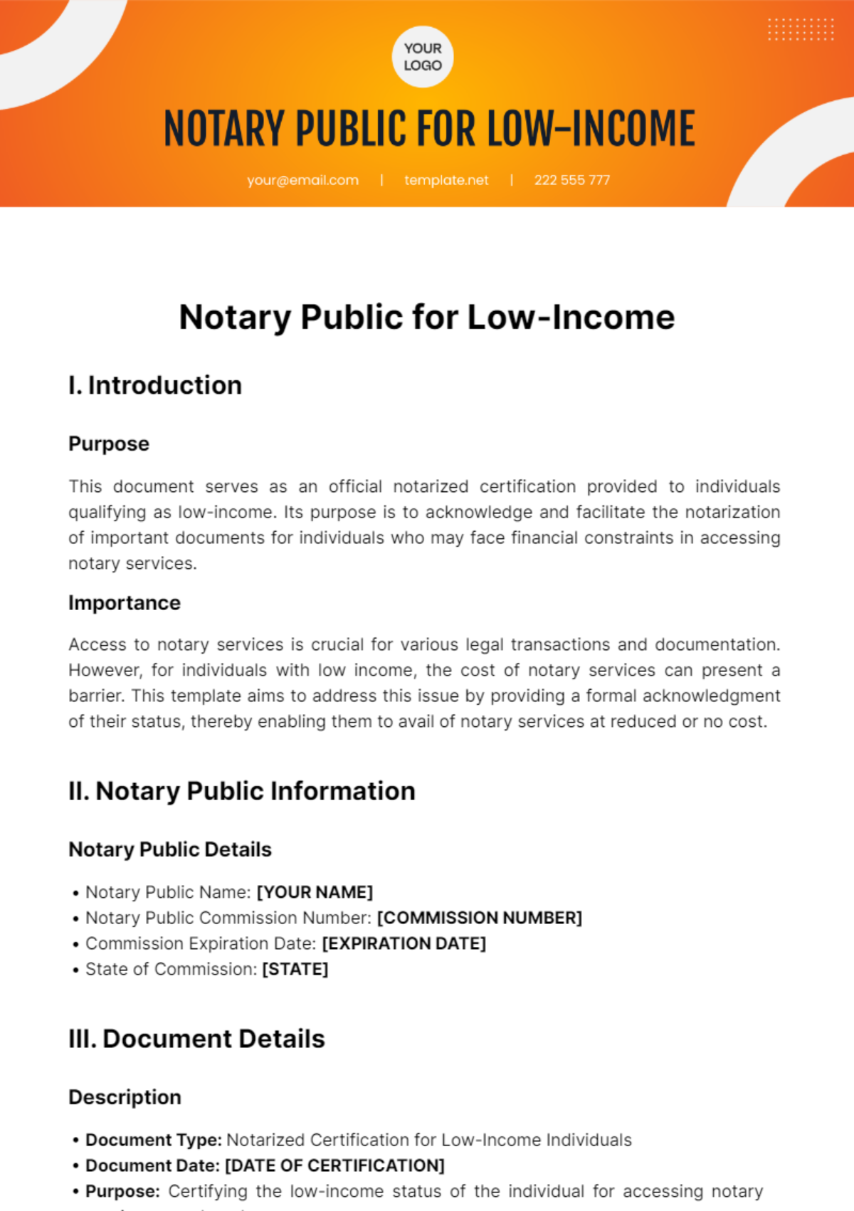 Notary Public For Low Income Template