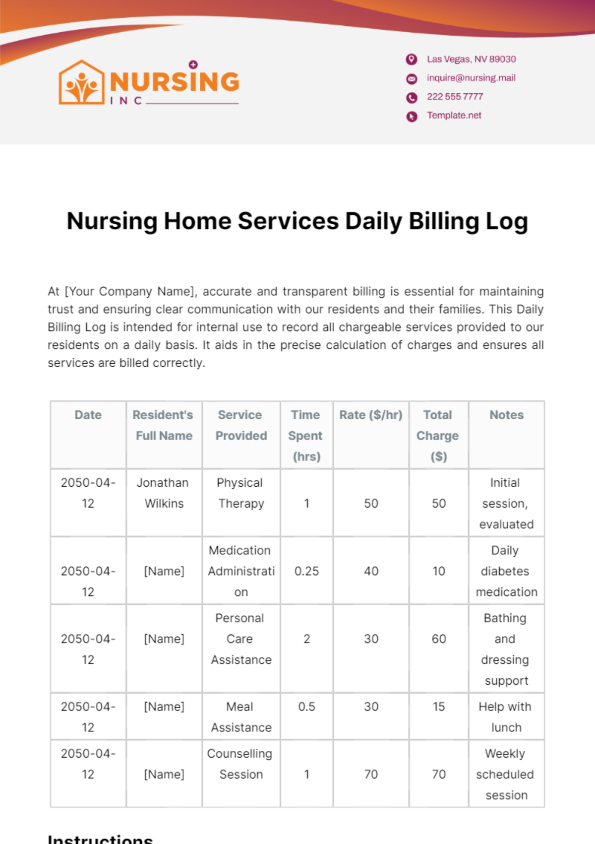 Free Nursing Home Services Daily Billing Log Template