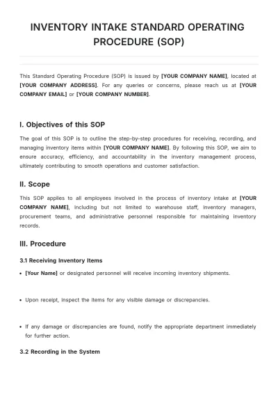 Free Inventory Intake SOP Template to Edit Online