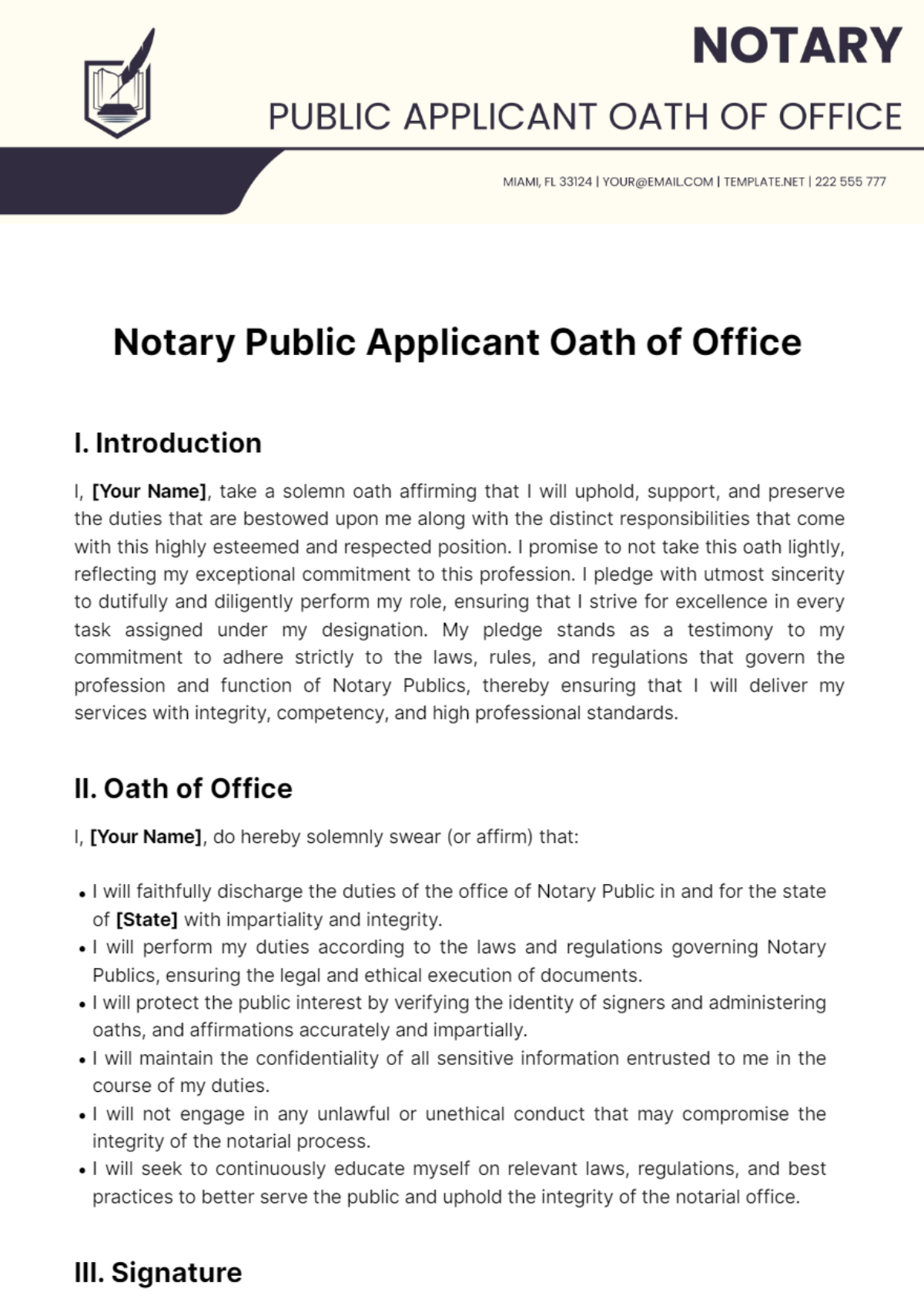 Notary Public Applicant Oath Of Office Template