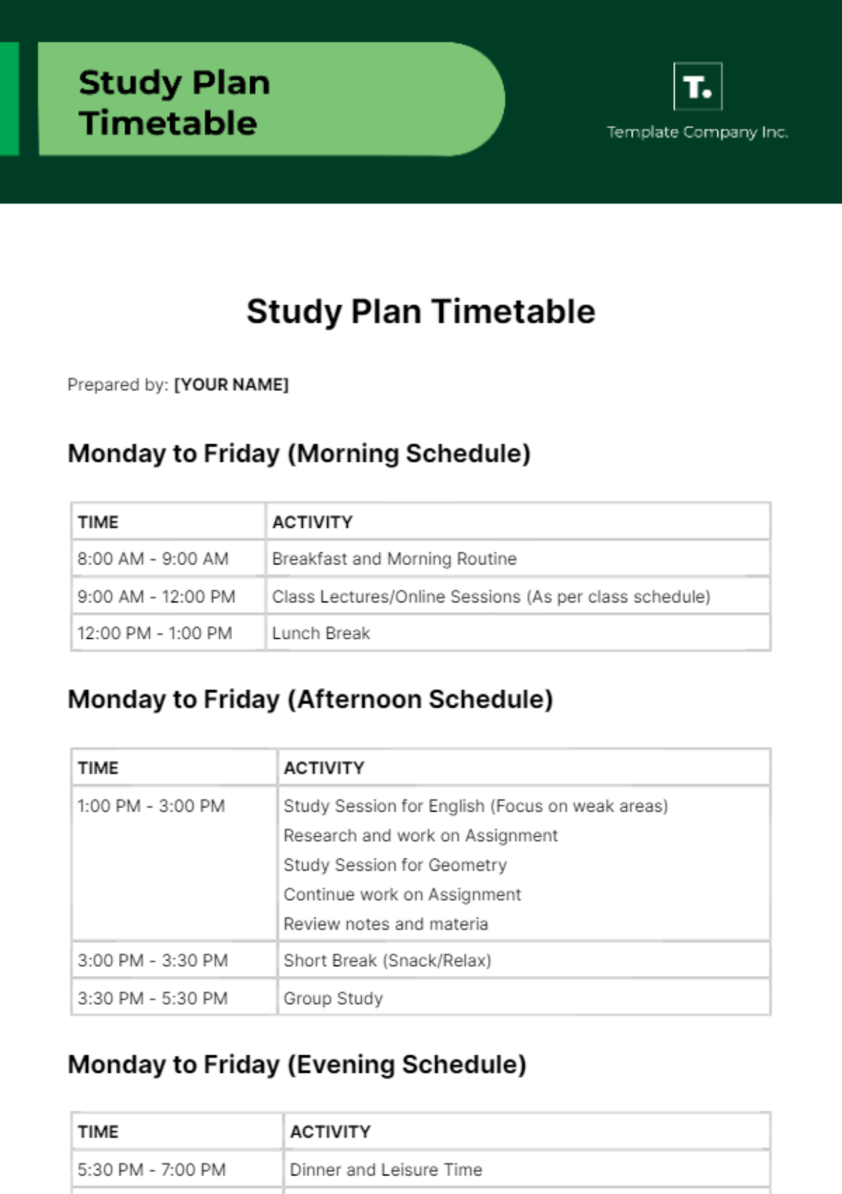 Study Plan Timetable Template