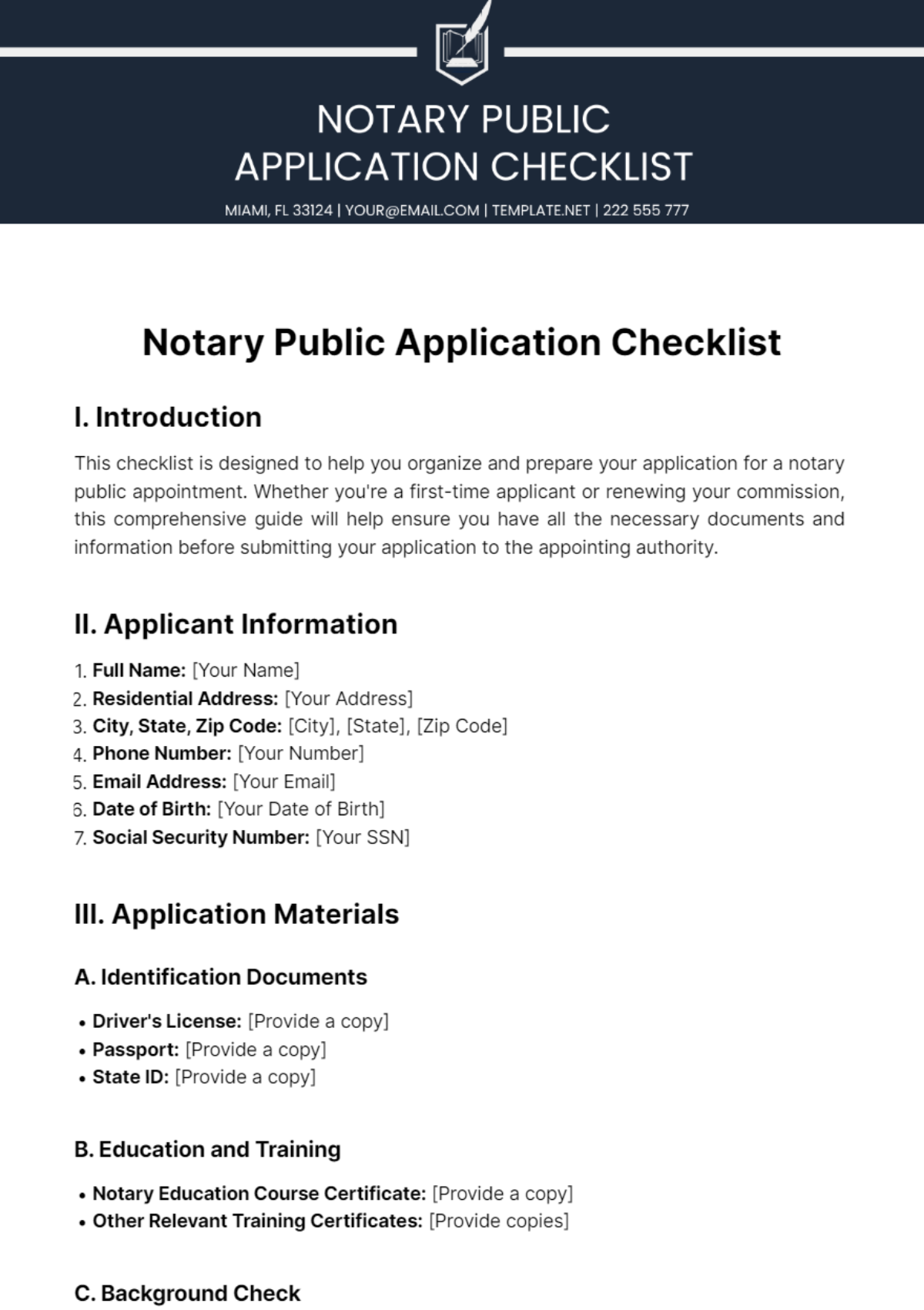 Free Notary Public Application Checklist Template