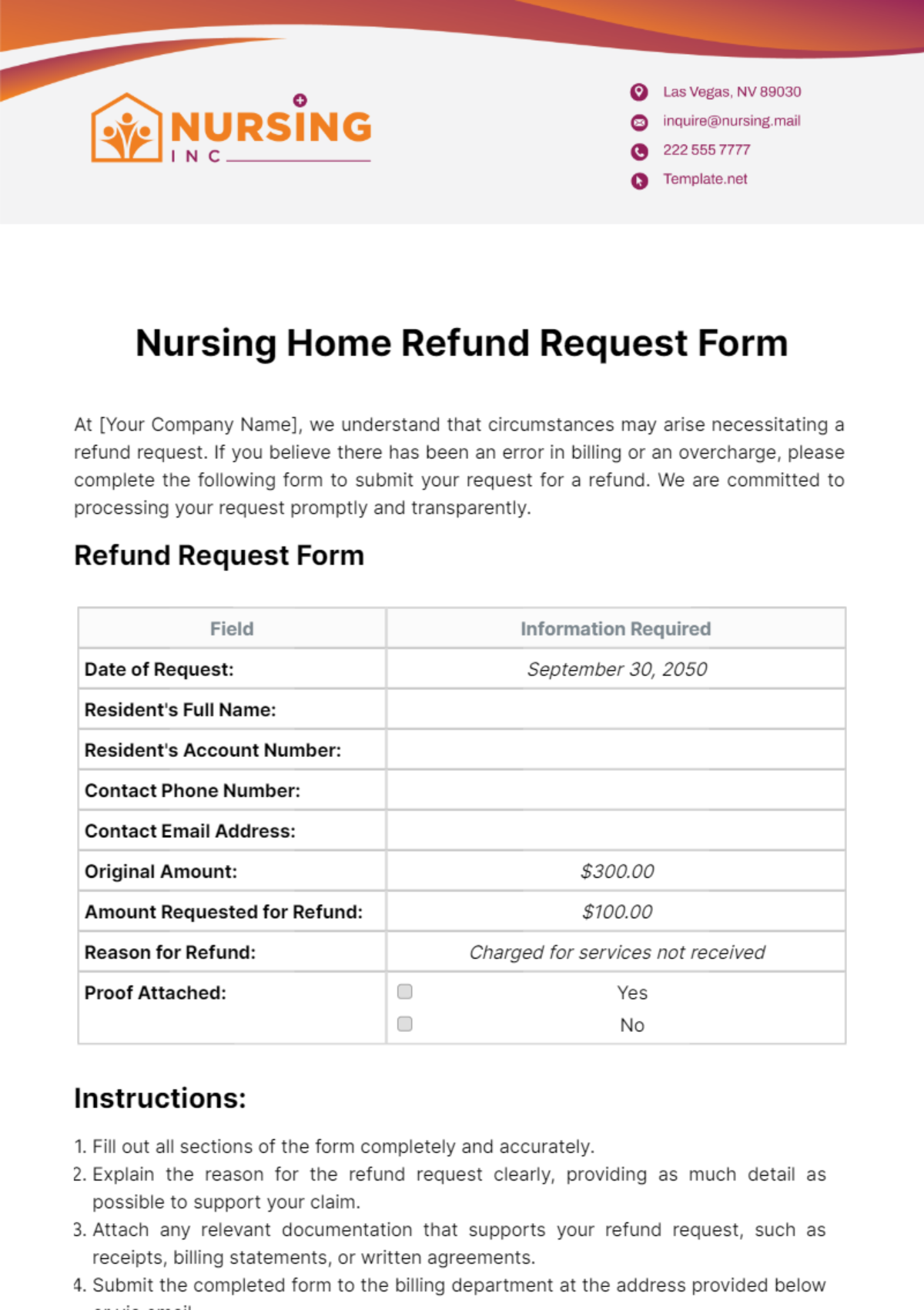 Nursing Home Refund Request Form Template