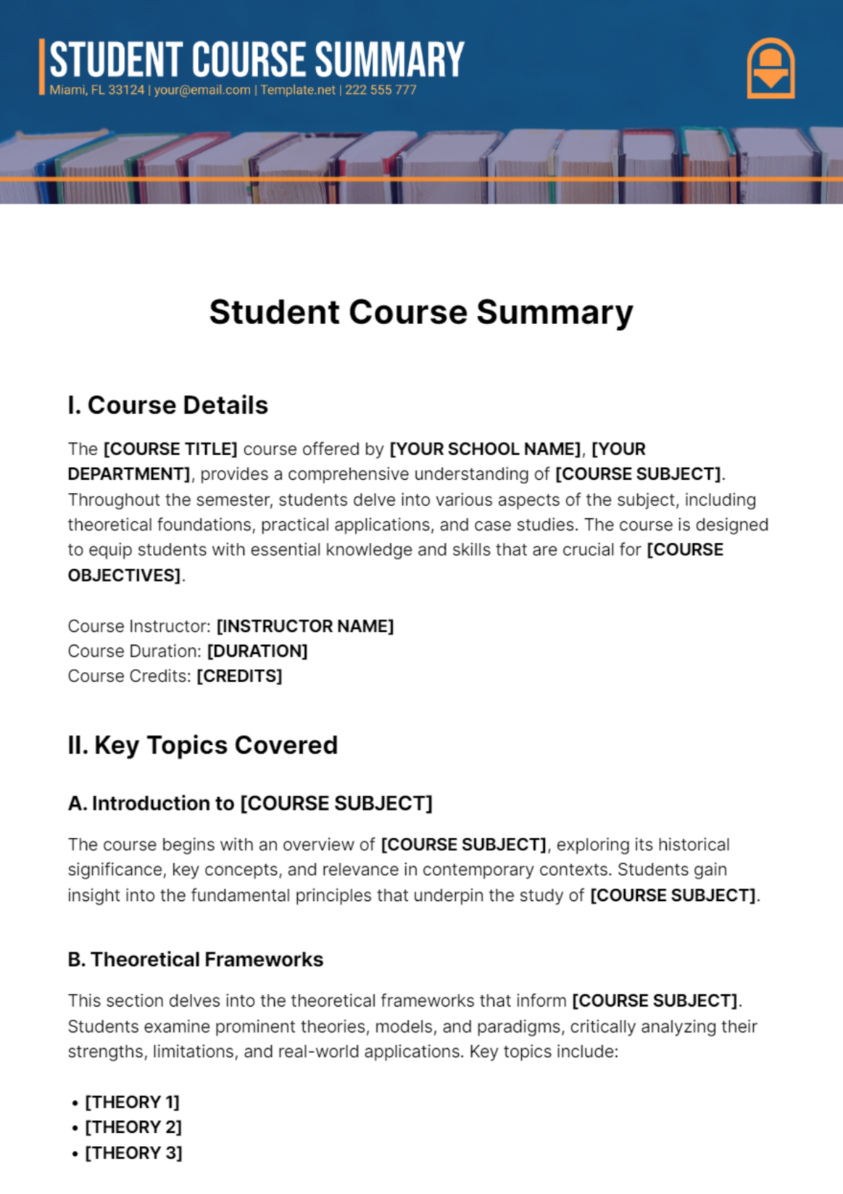summaryStudent Course Summary Template