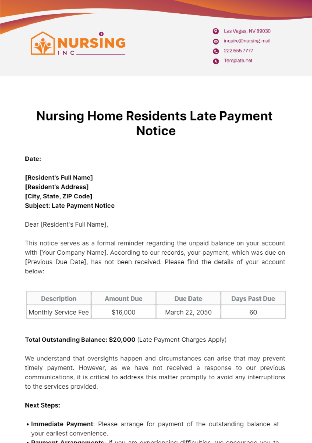 Nursing Home Residents Late Payment Notice Template