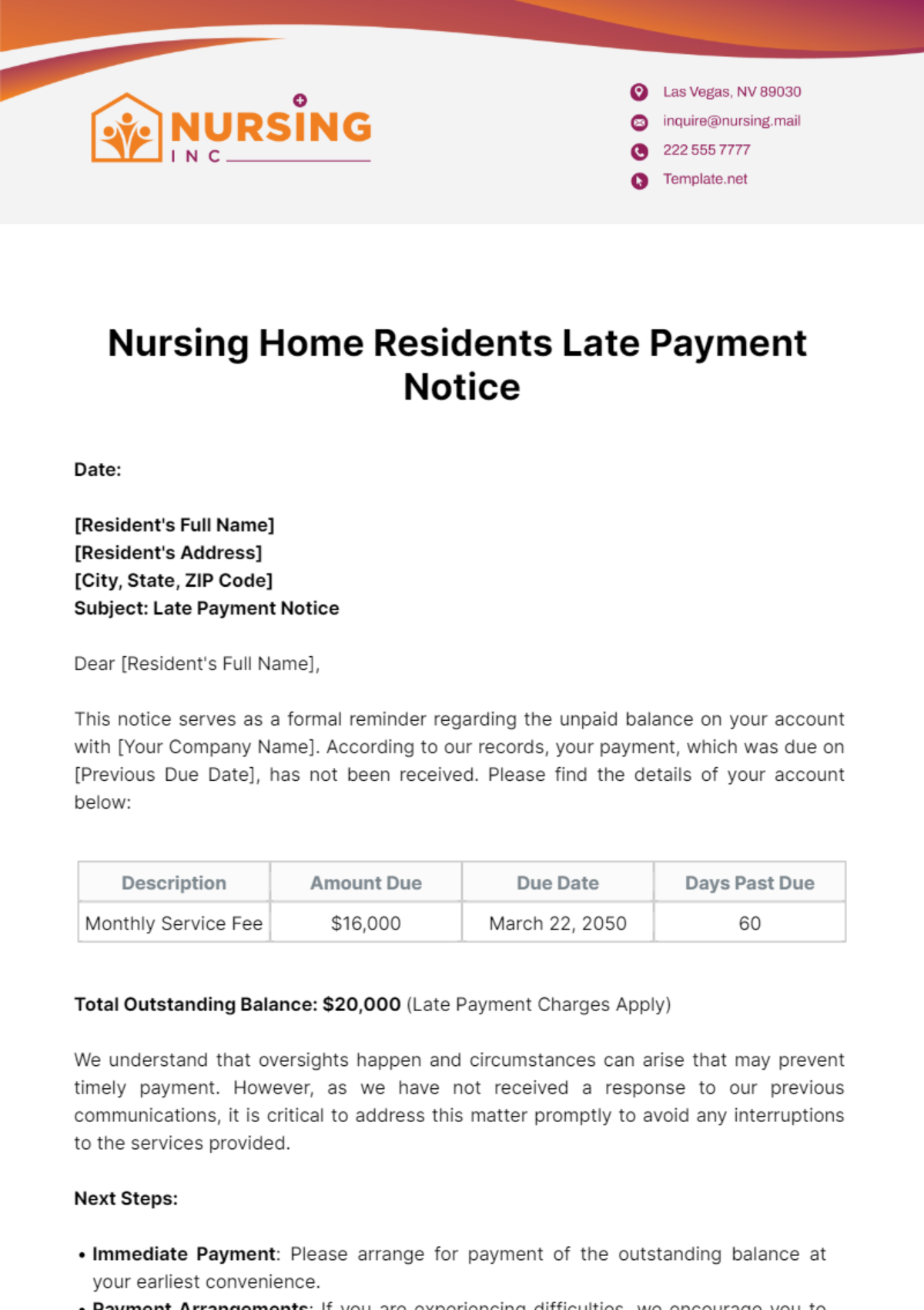 Nursing Home Residents Late Payment Notice Template - Edit Online & Download