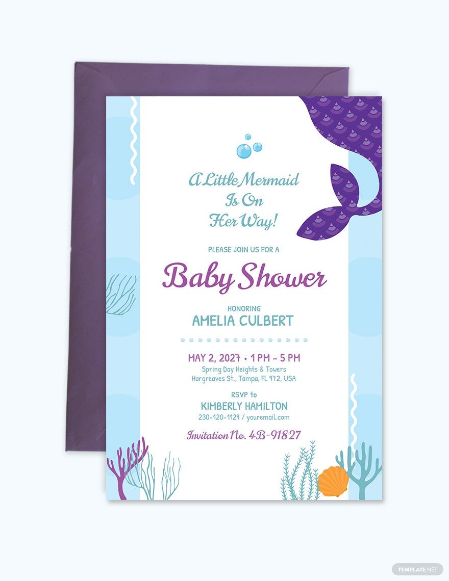Printable Mermaid Baby Shower Invitation Template in Illustrator, PSD