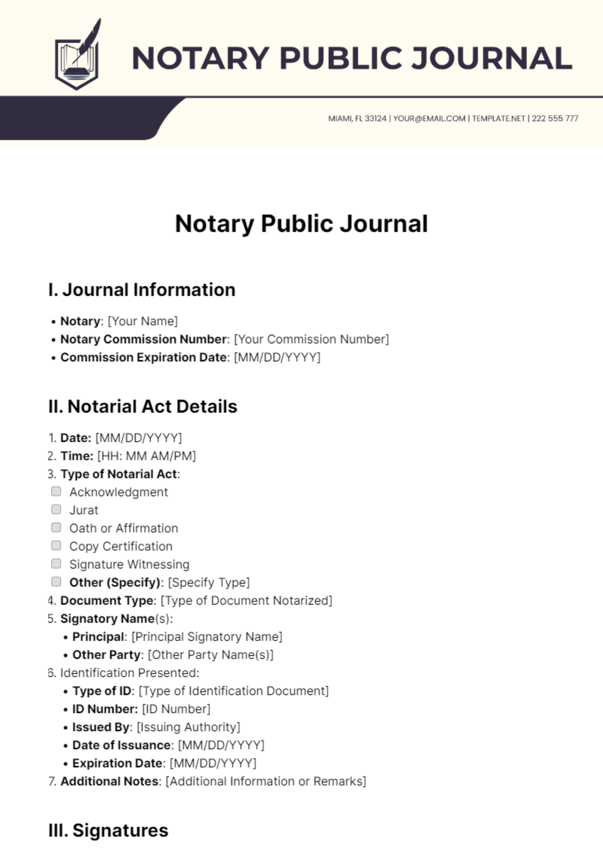 Notary Public Journal Template