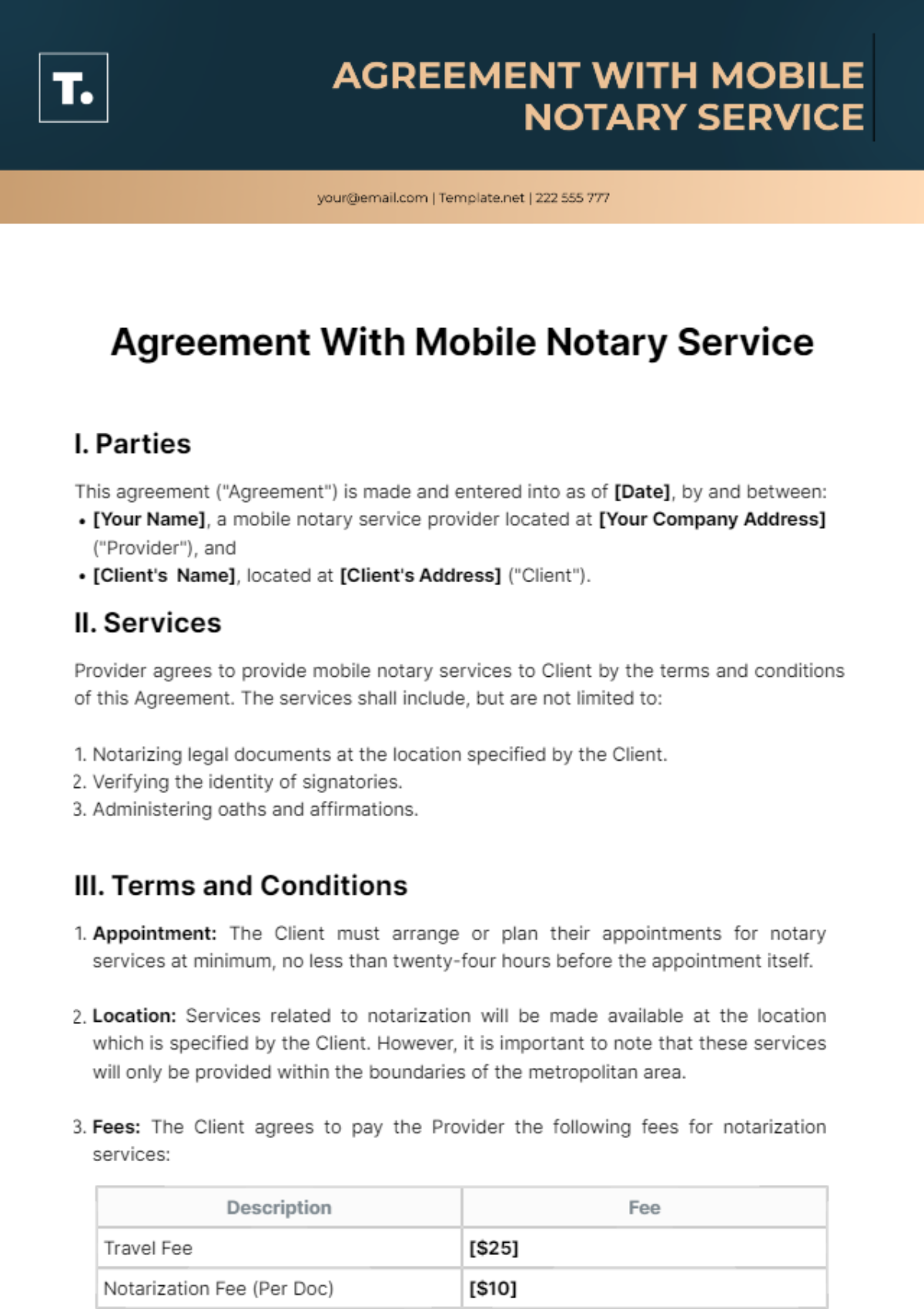 Free Agreement With Mobile Notary Service Template
