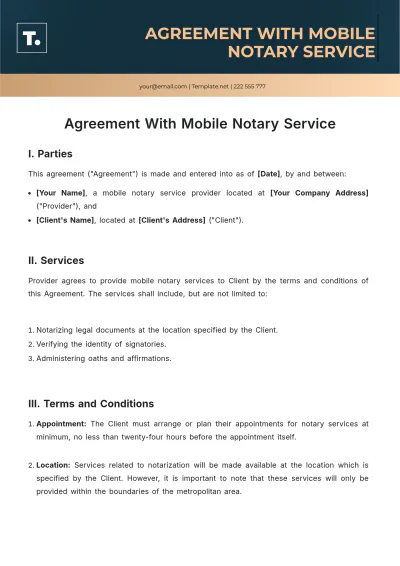 Free Agreement With Mobile Notary Service Template to Edit Online