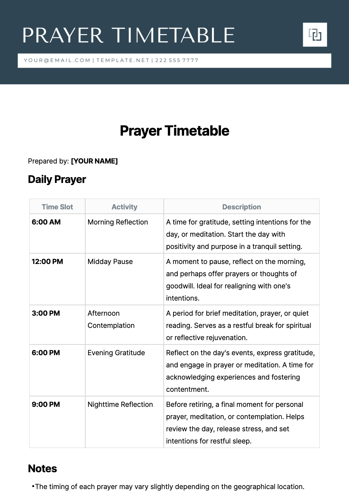 Free Prayer Timetable Template