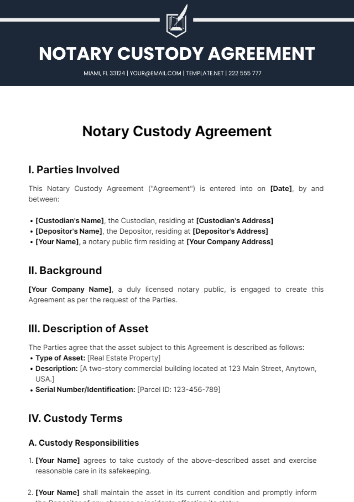 Notary Custody Agreement Template