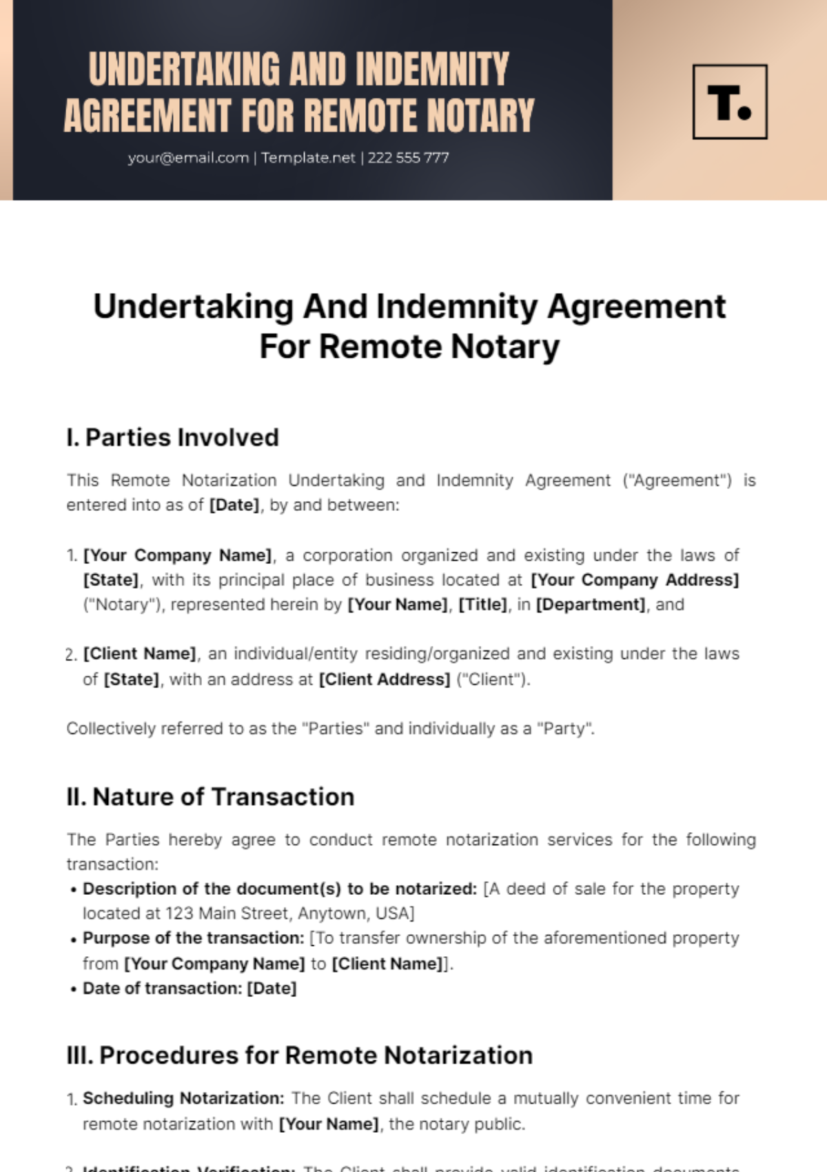 Free Undertaking And Indemnity Agreement For Remote Notary Template
