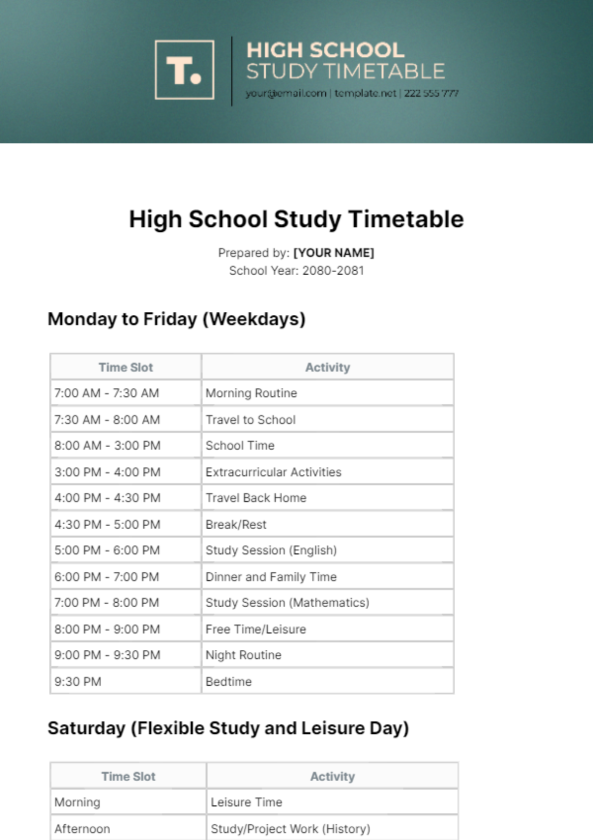 High School Study Timetable Template