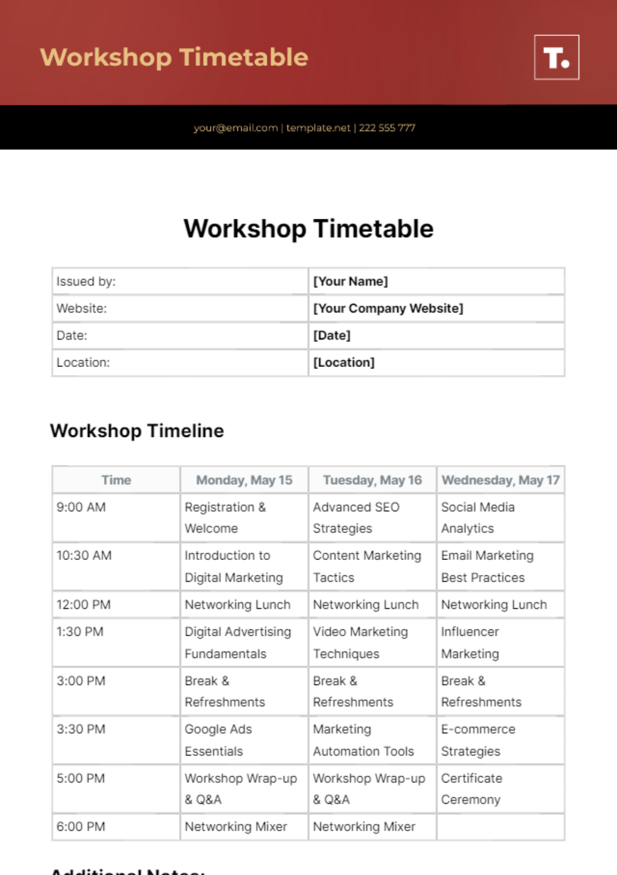Free Workshop Timetable Template 