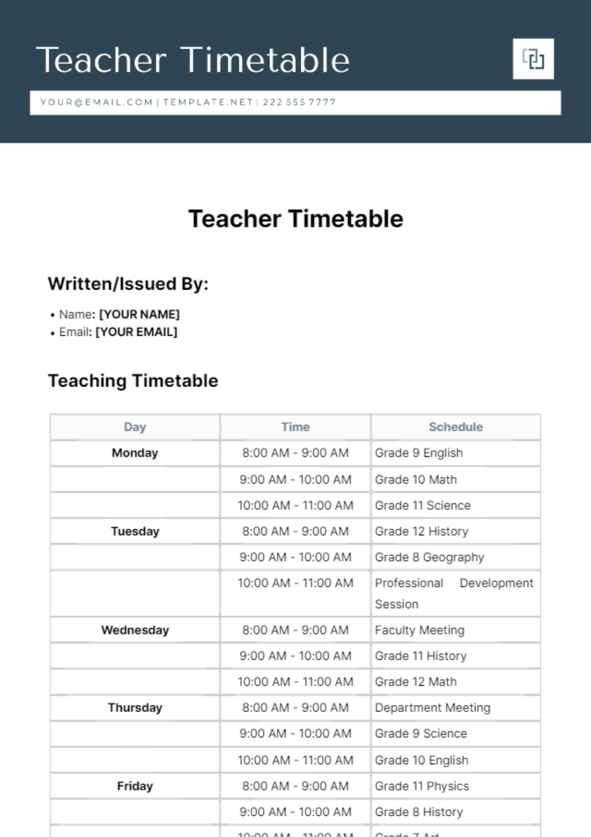Free Teacher Timetable Template