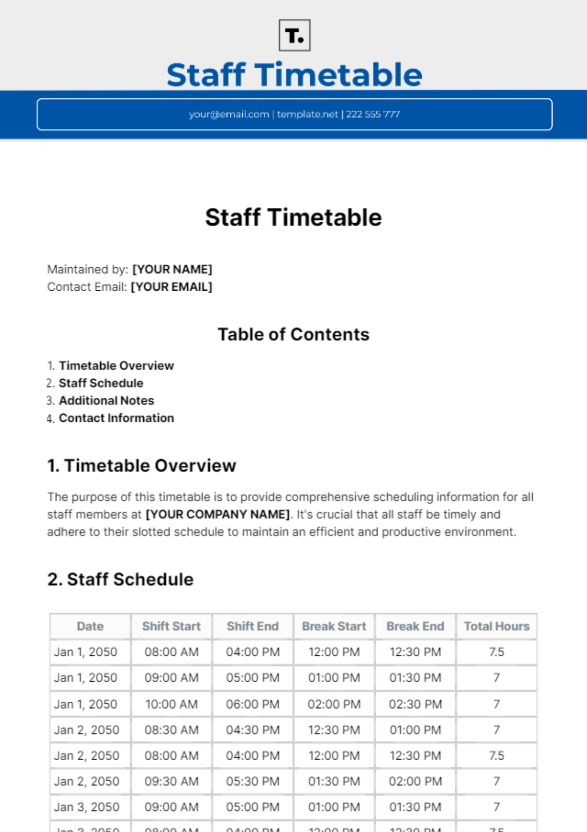 Staff Timetable Template 