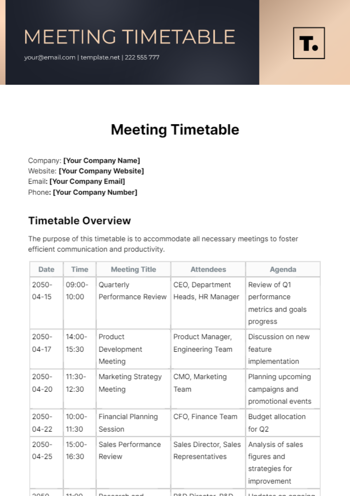 Free Meeting Timetable Template