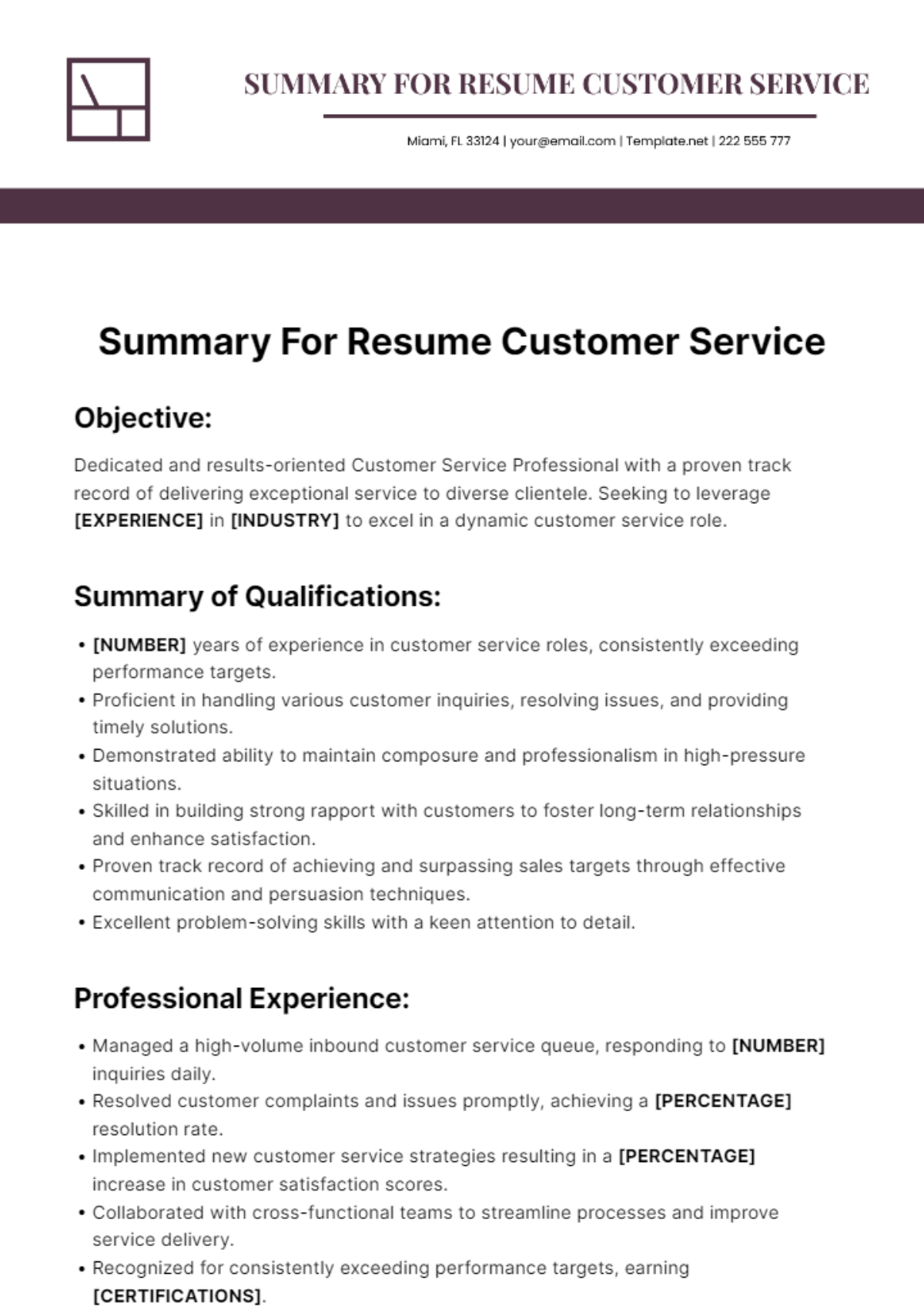 Summary For Resume Customer Service Template