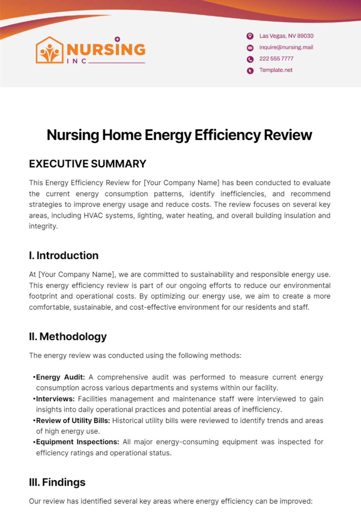 Nursing Home Energy Efficiency Review Template