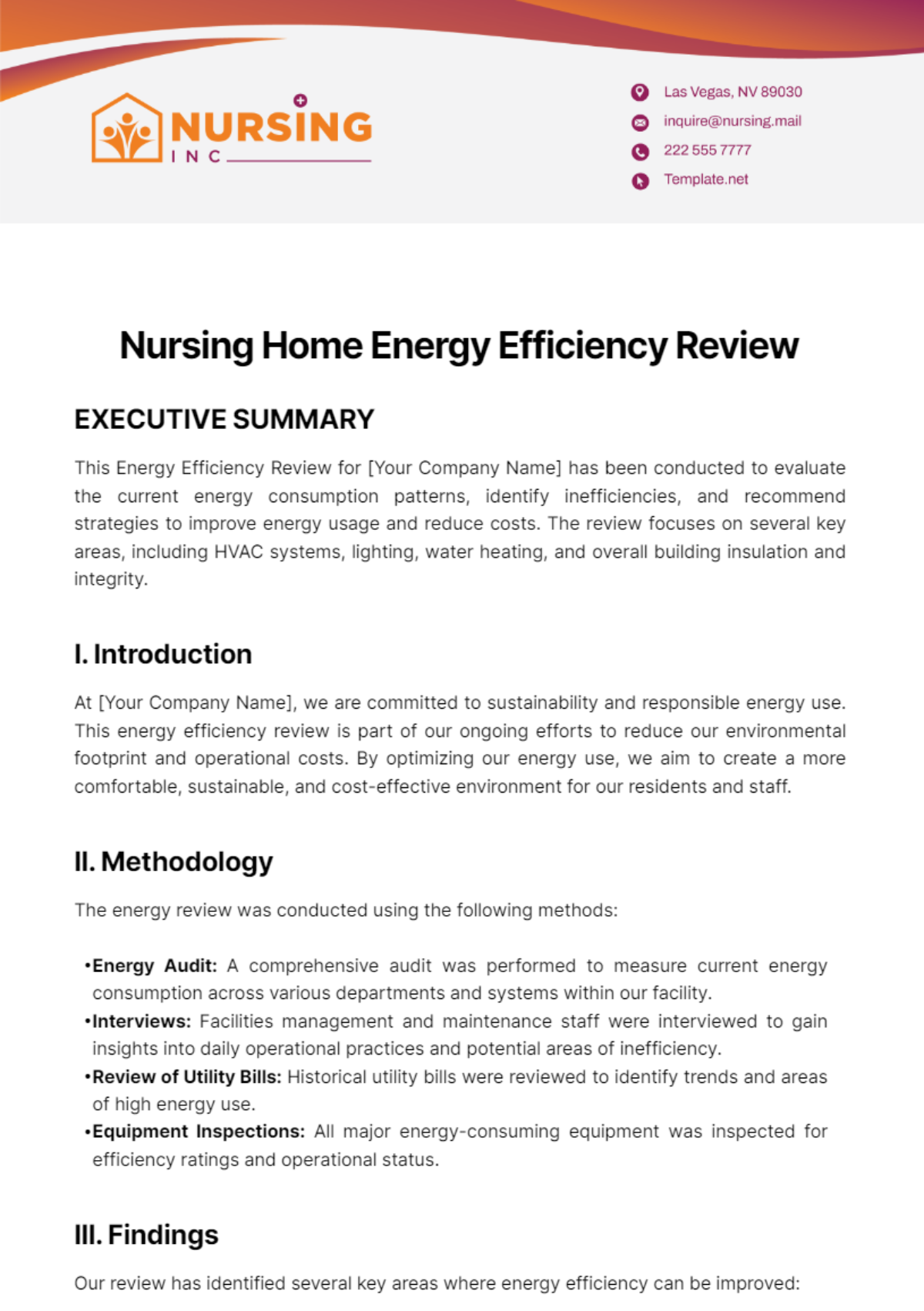 Nursing Home Energy Efficiency Review Template - Edit Online & Download