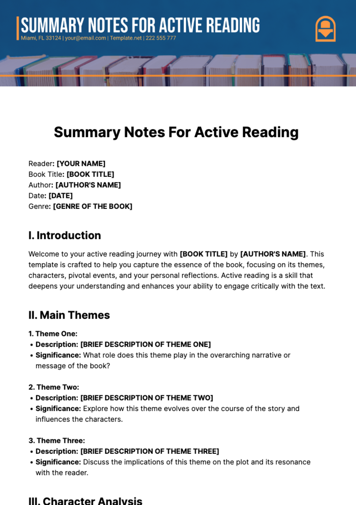 Summary Notes For Active Reading Template