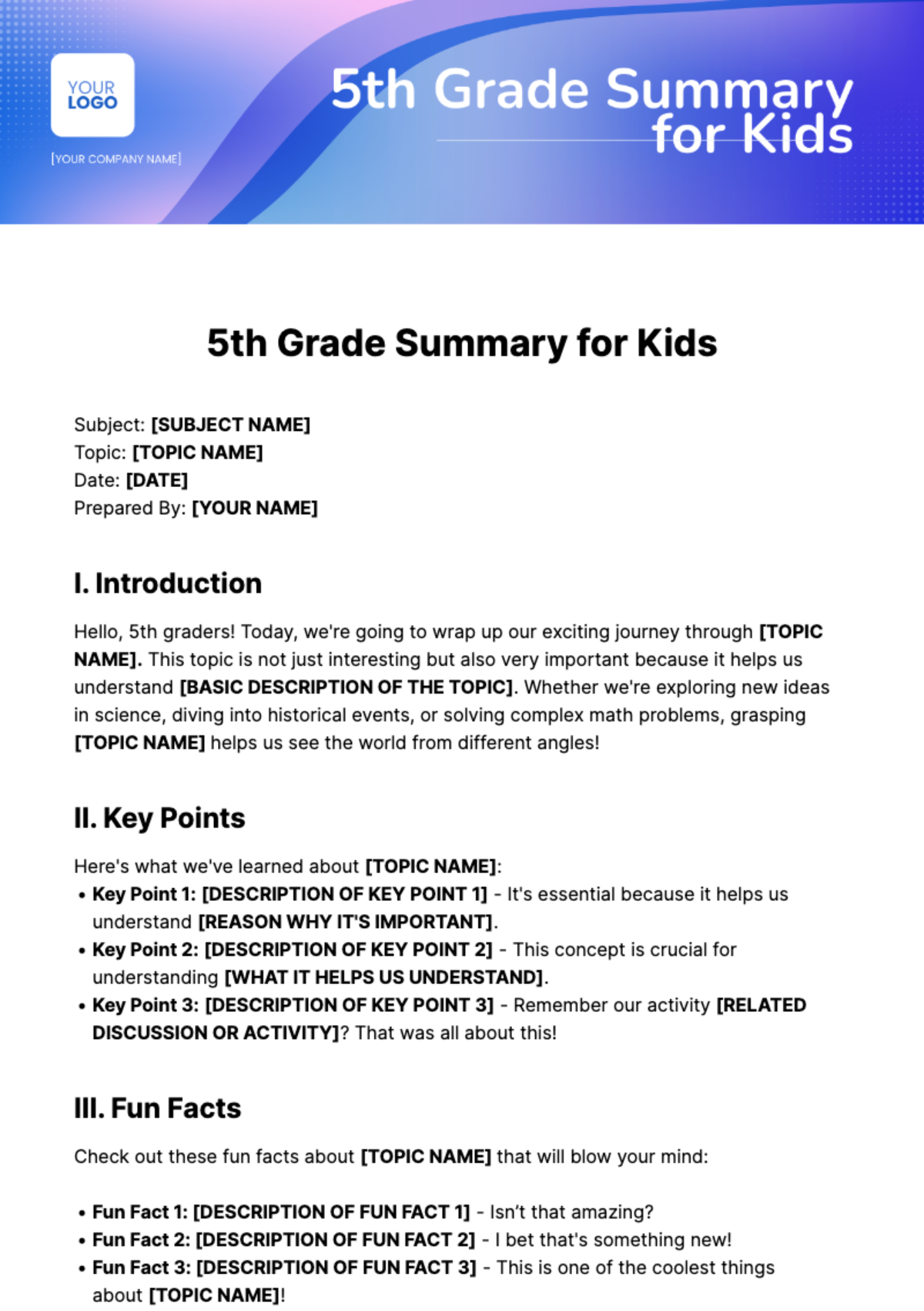 5th Grade Summary for Kids Template