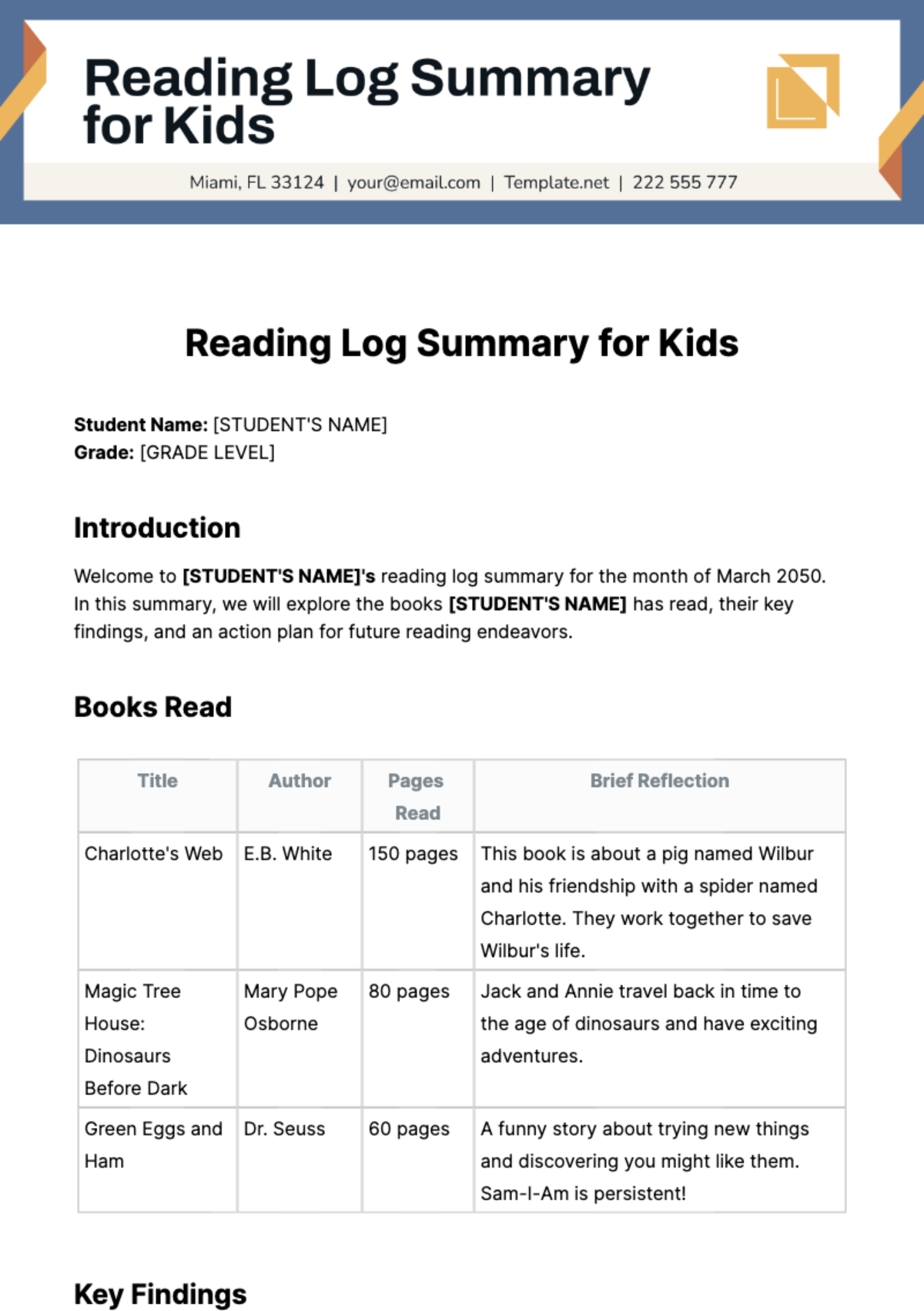 Free Reading Log Summary for Kids Template