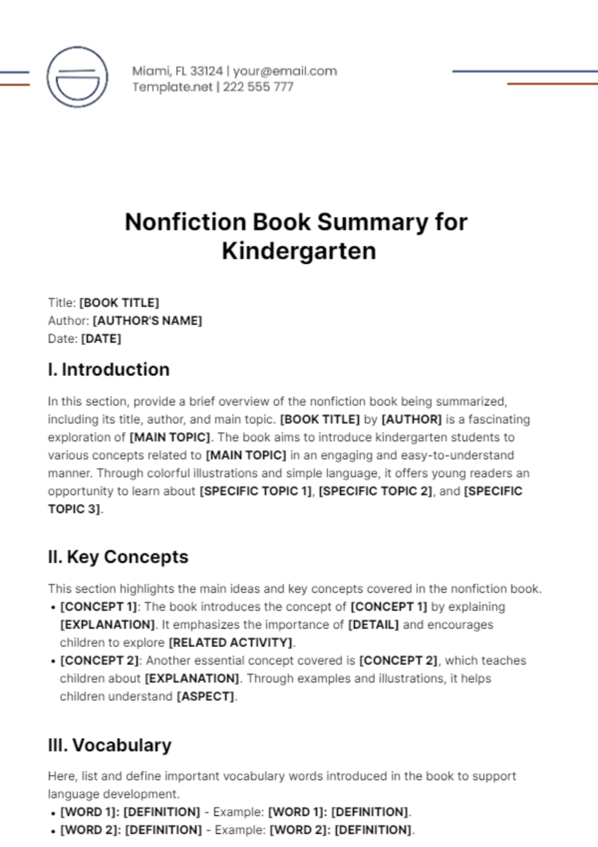 Nonfiction Book Summary for Kindergarten Template