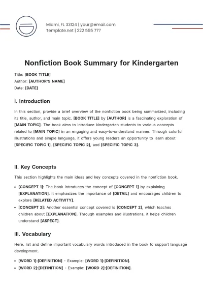 Free Nonfiction Book Summary for Kindergarten Template to Edit Online