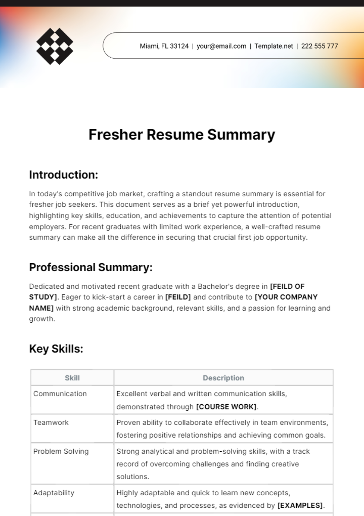 Fresher Resume Summary Template