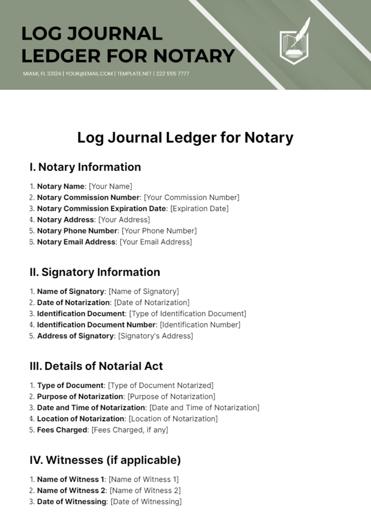 Free Log Journal Ledger for Notary Template