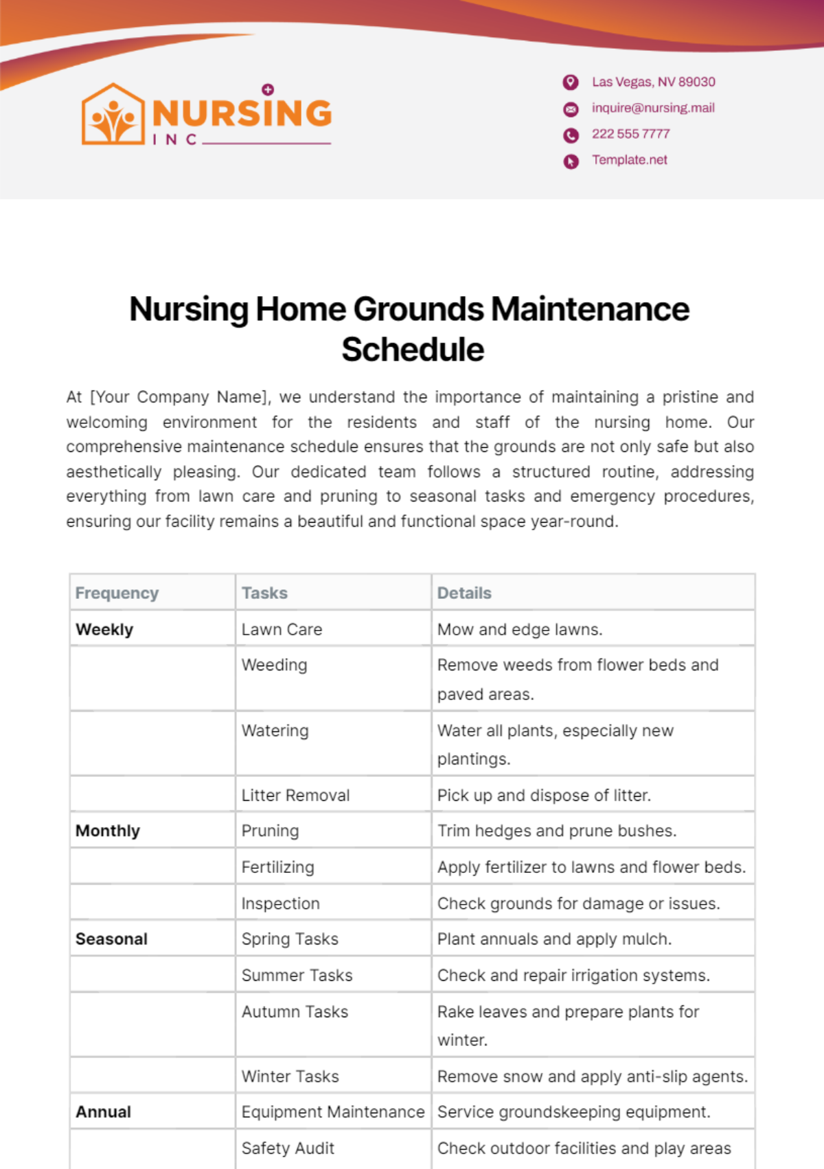 Nursing Home Grounds Maintenance Schedule Template