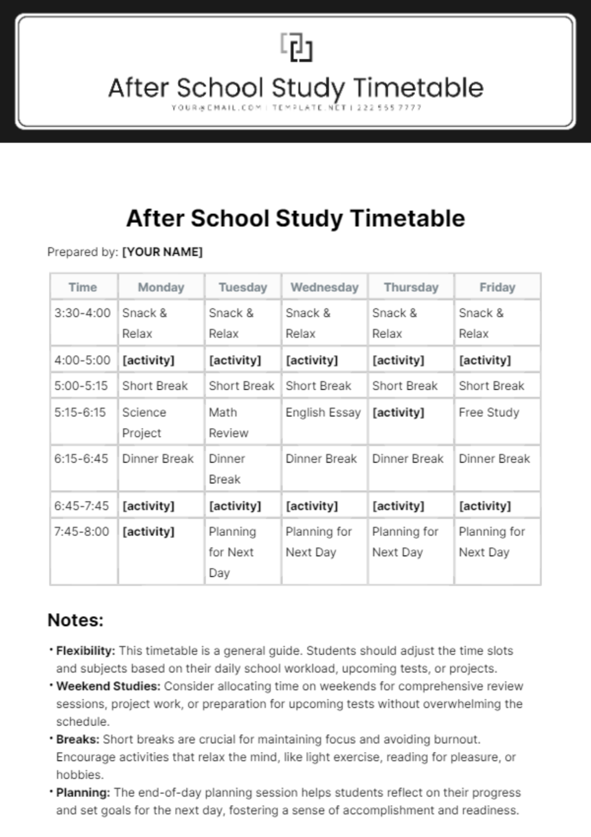 After School Study Timetable Template