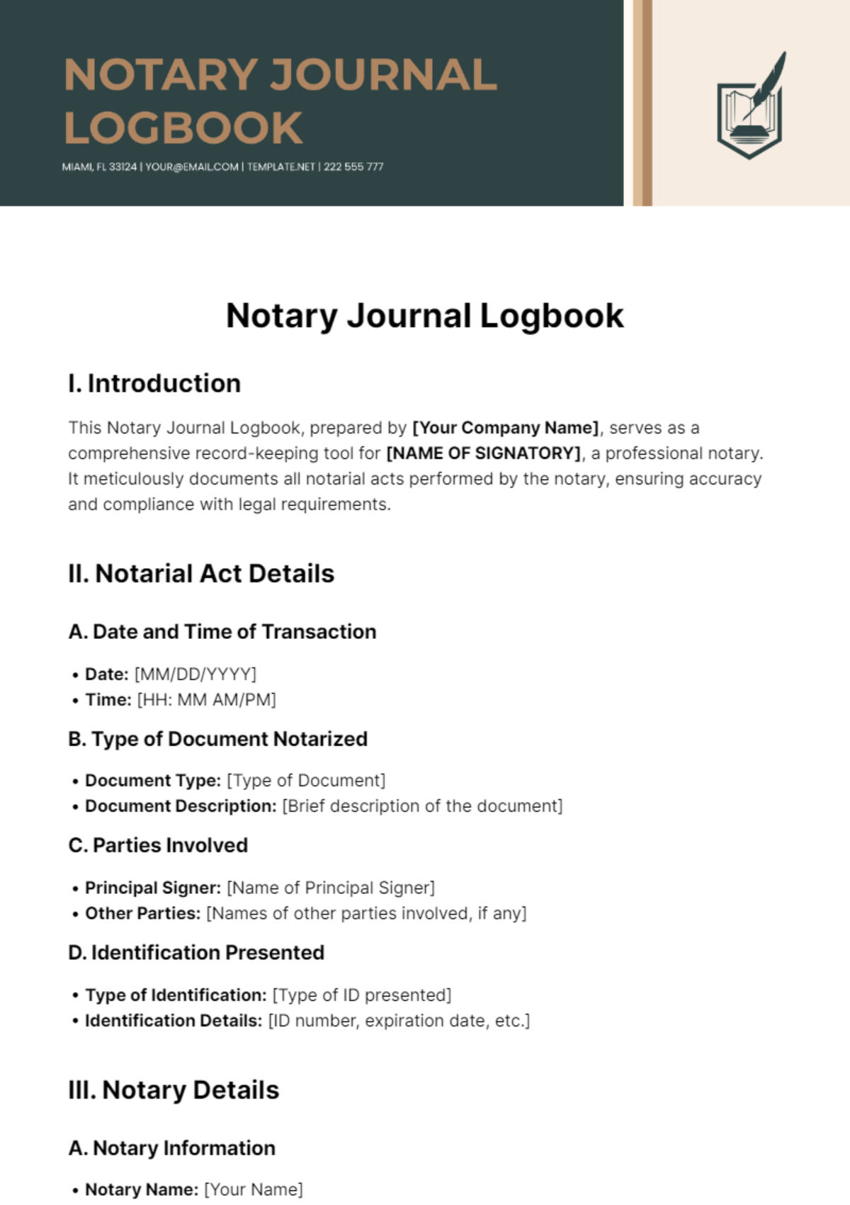 Notary Journal Logbook Template