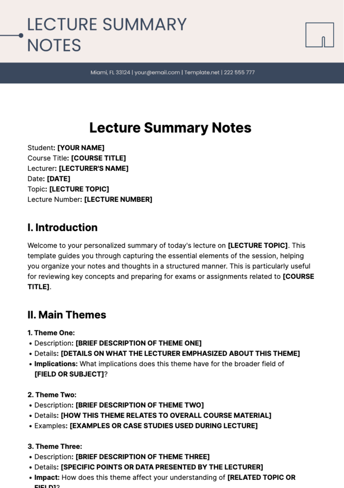 Free Lecture Summary Notes Template