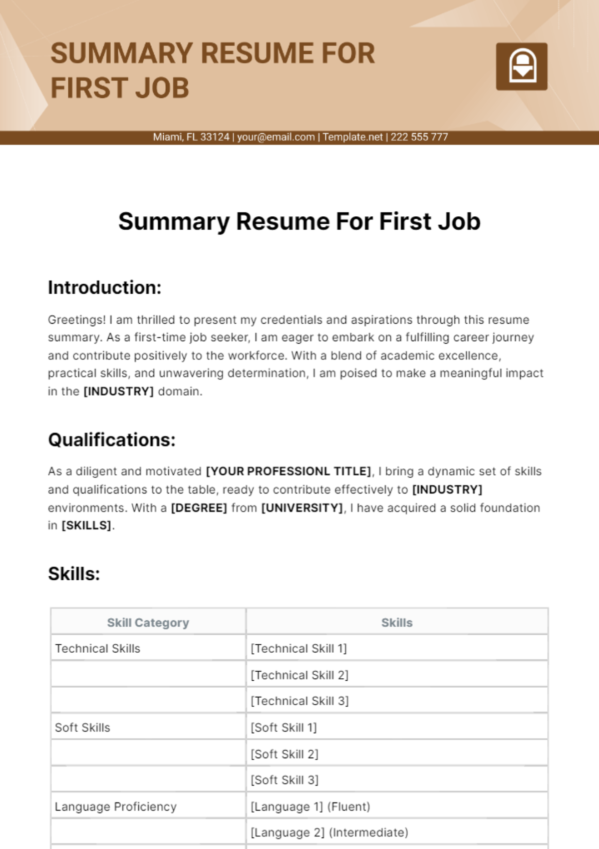 Summary Resume For First Job Template