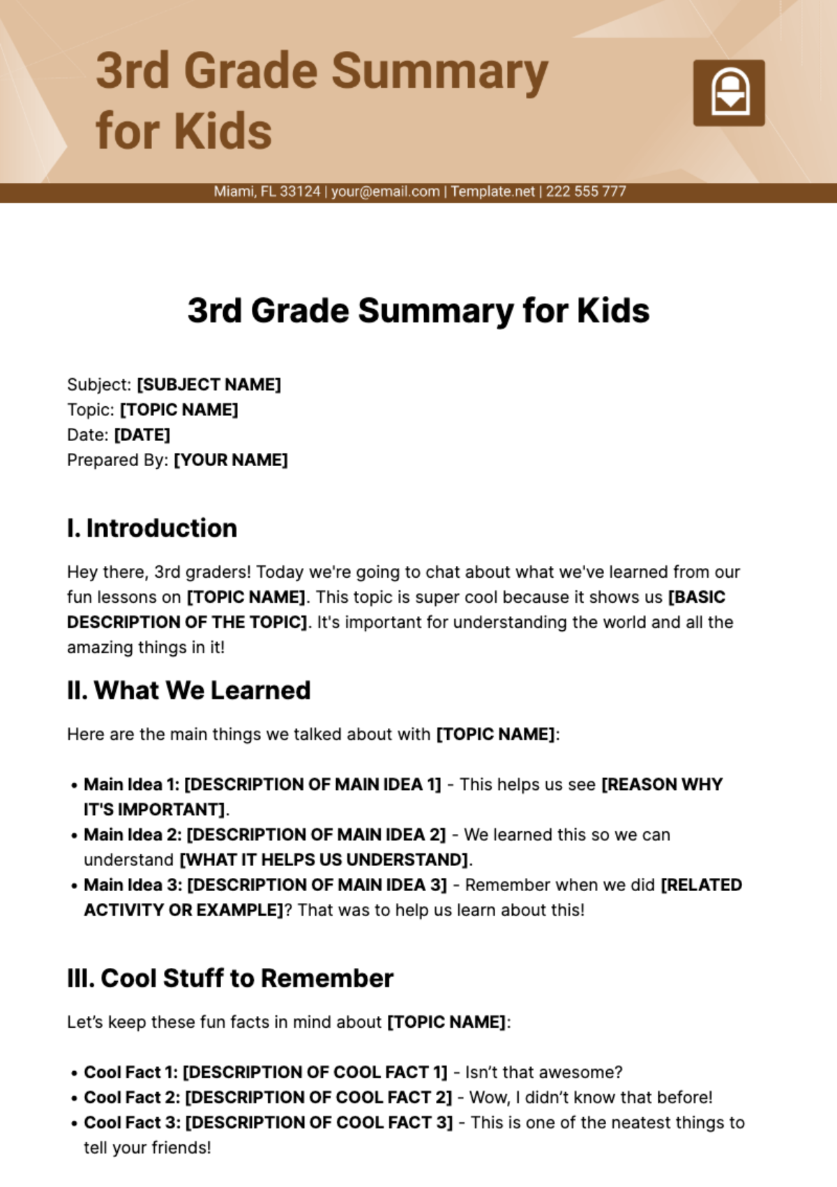 3rd Grade Summary for Kids Template