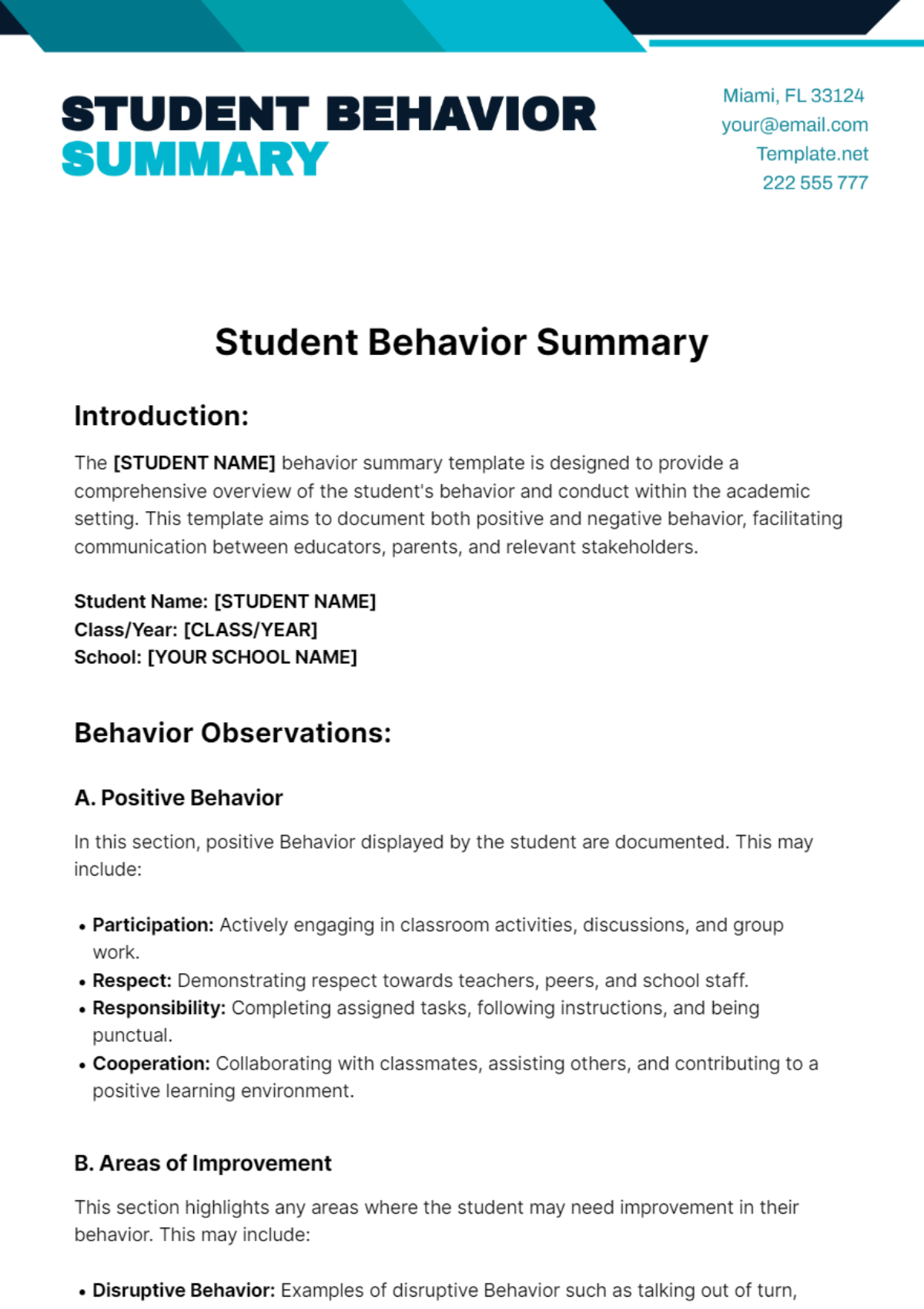 Student Behavior Summary Template