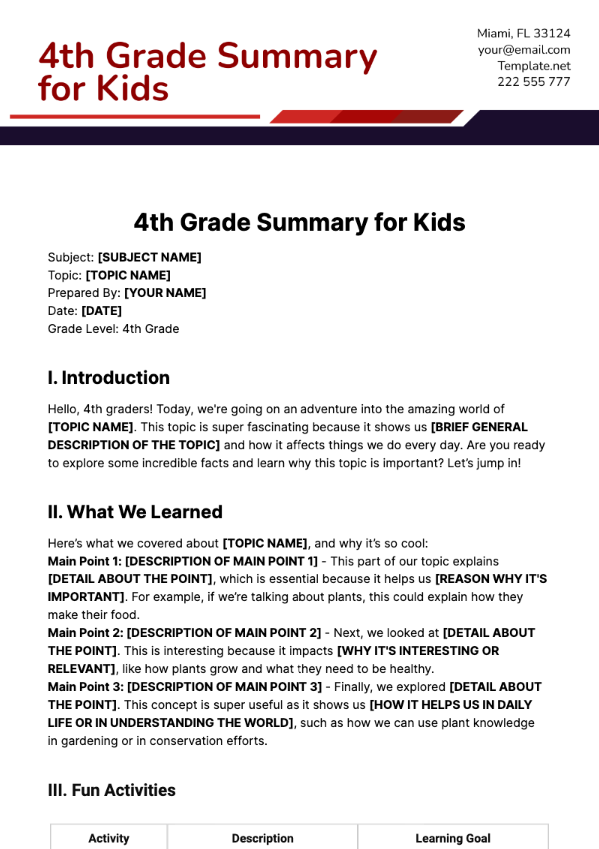4th Grade Summary for Kids Template