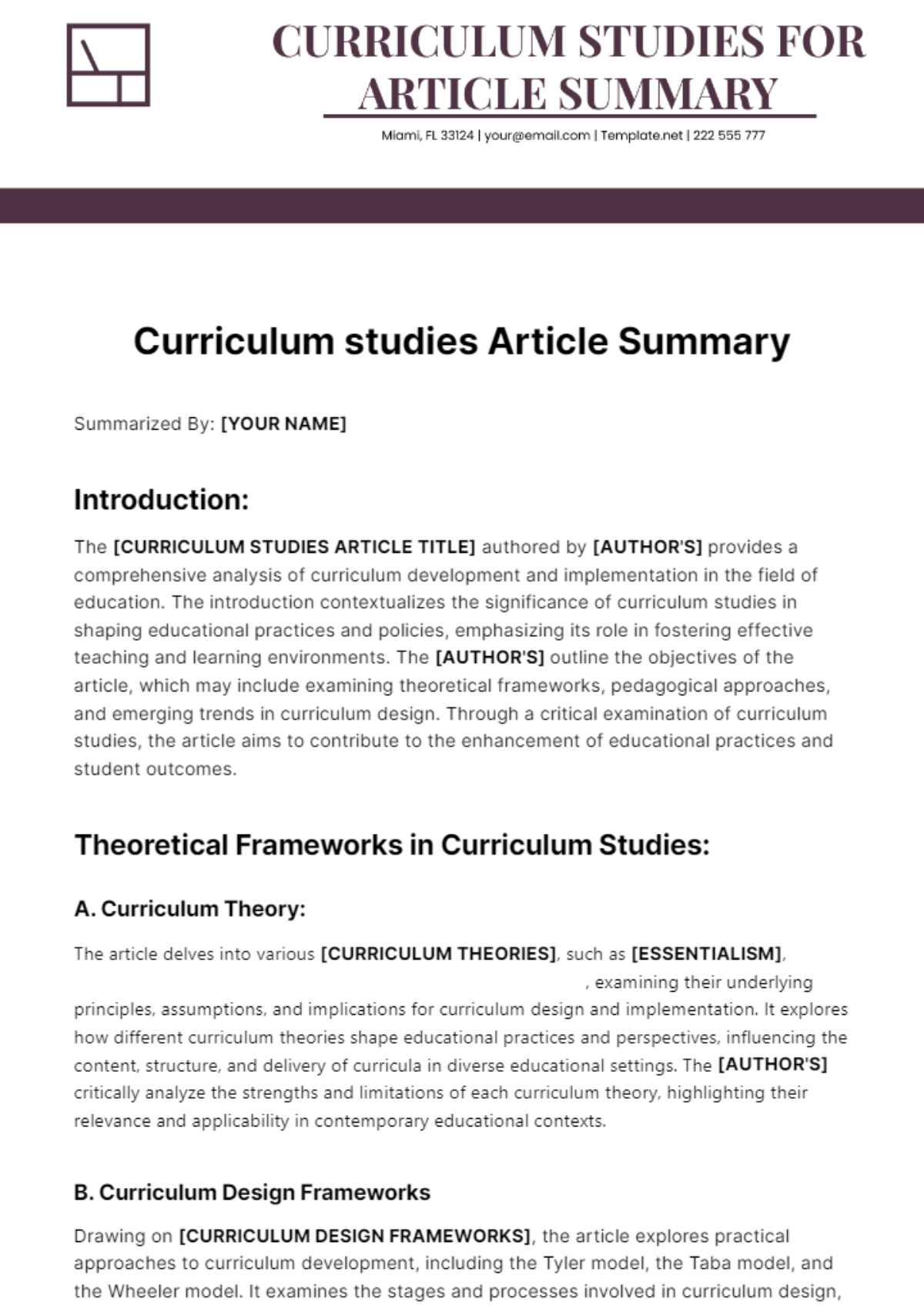 Free Curriculum studies Article Summary