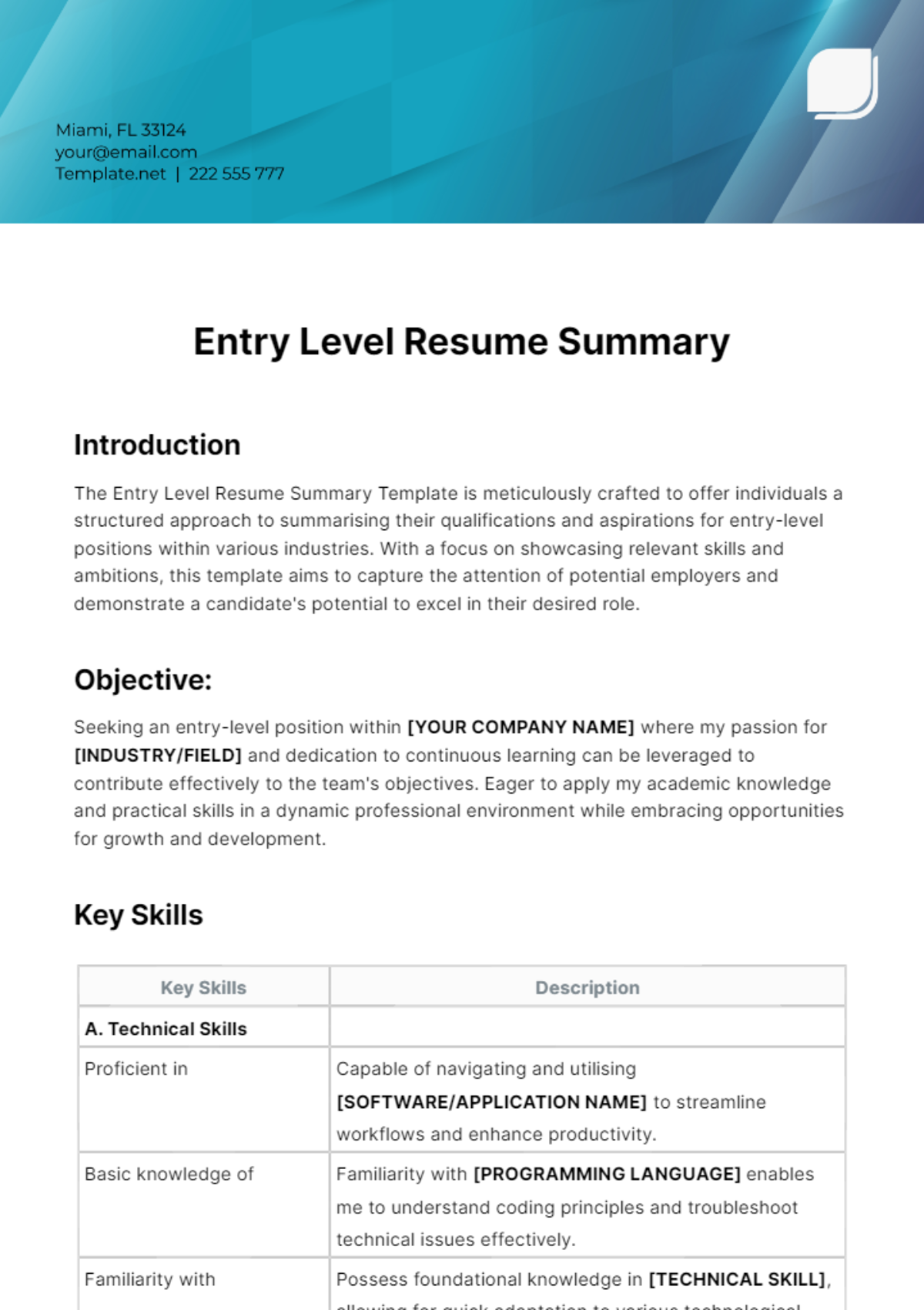 Summary For Entry Level Resume Template
