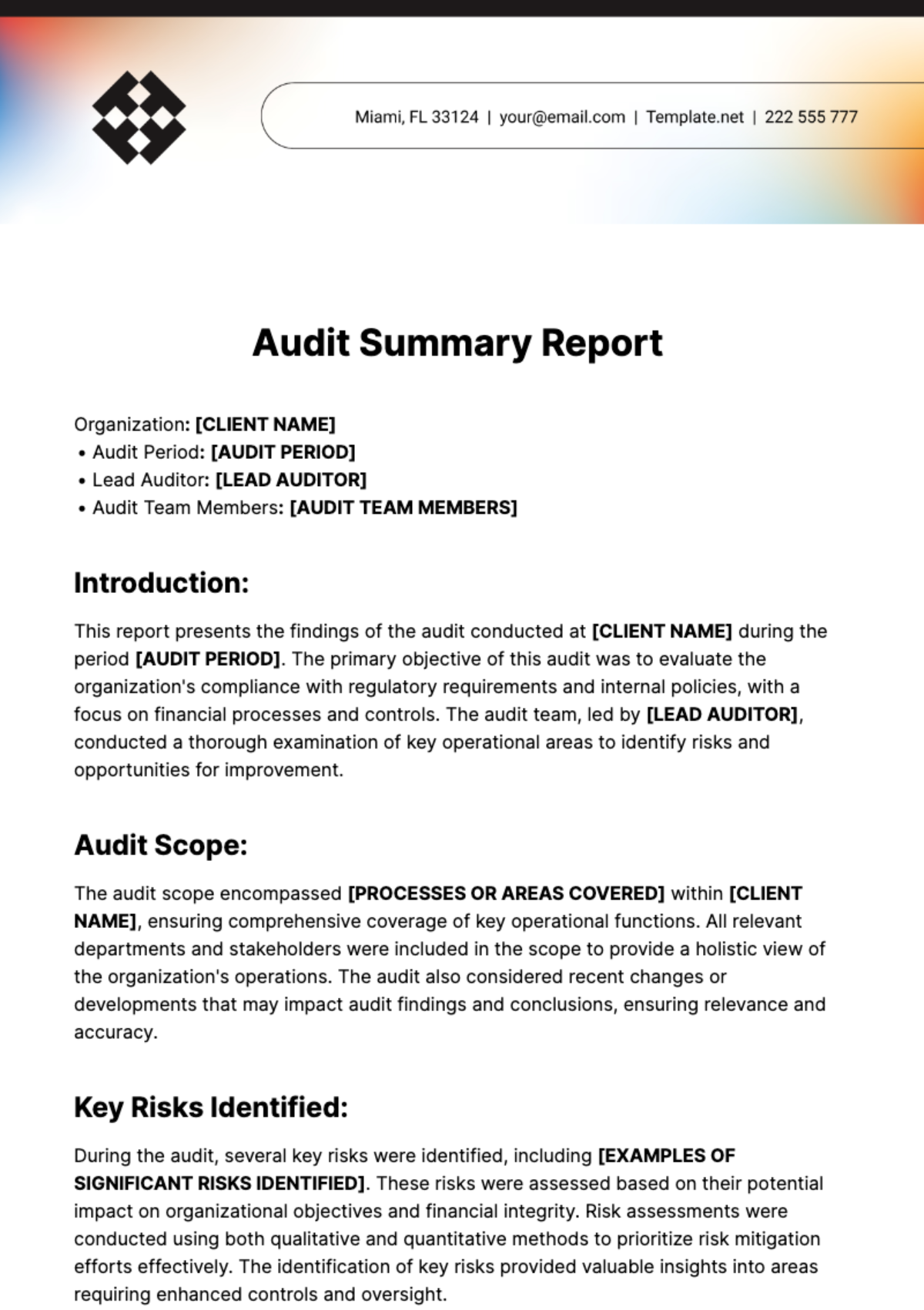 Auditing Summary Notes Template